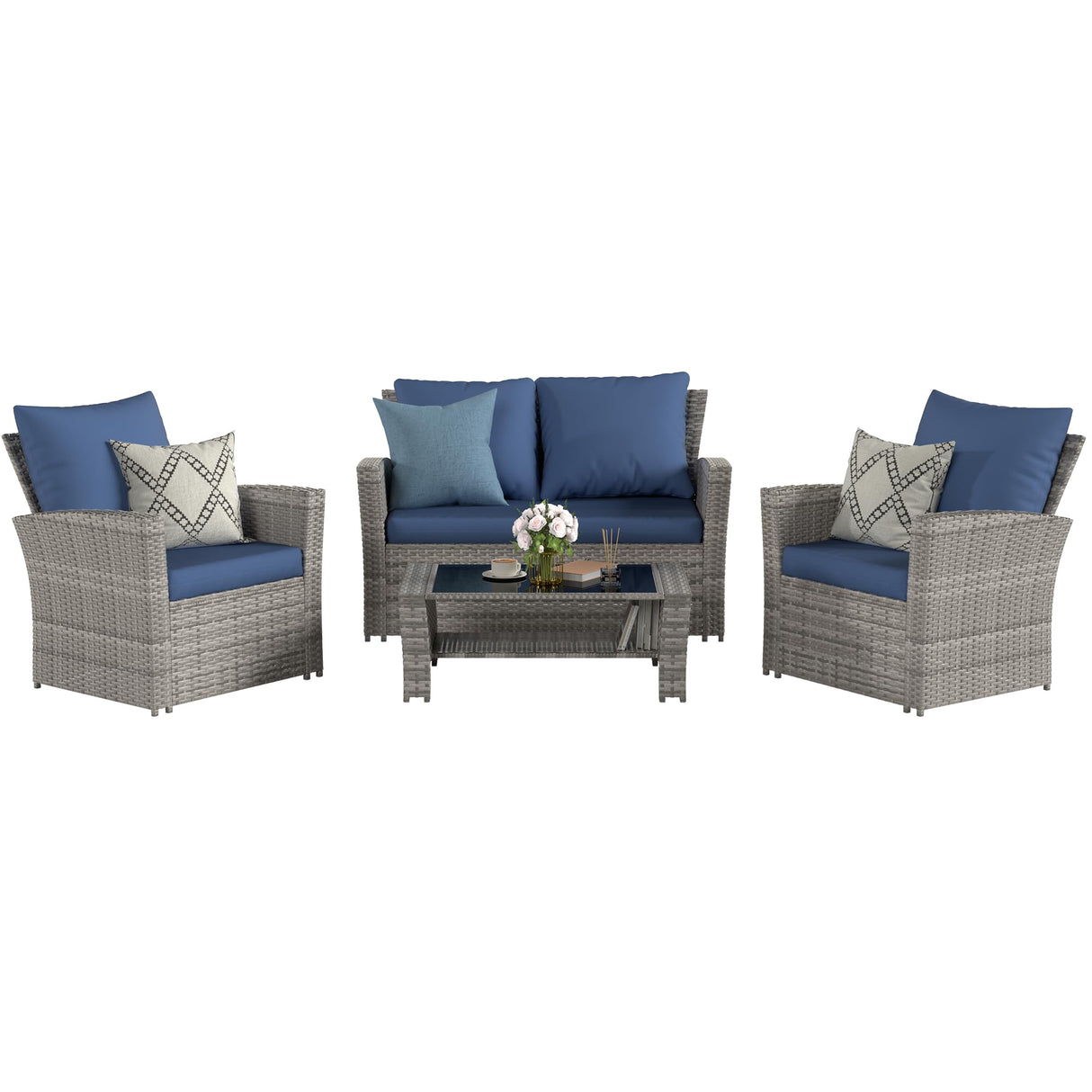 VONZOY Wicker Patio Furniture Set, 4 Piece Outdoor Sectional Sofa Sets, Gray PE Rattan Patio Conversation Set for Balcony, Porch, Navy VONZOY