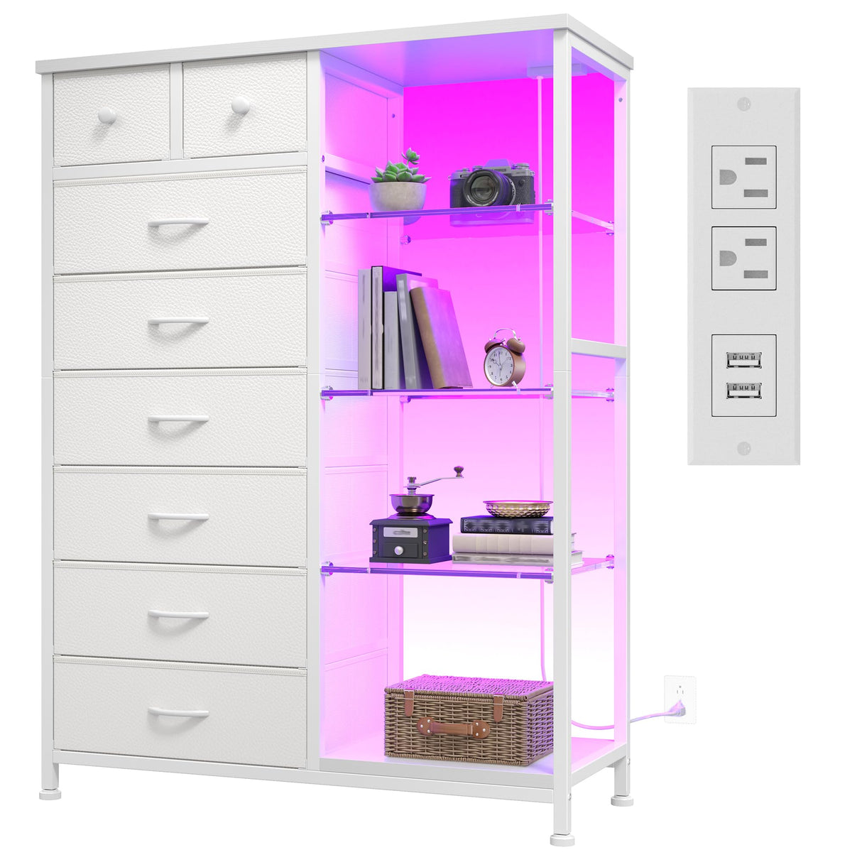 EnHomee Dresser for Bedroom with LED Lights & Power Outlets Dresser with 8 Drawers Fabric Dressers & Chests of Drawers for Bedroom, Sturdy Metal Frame, Acrylic Plates (White) EnHomee