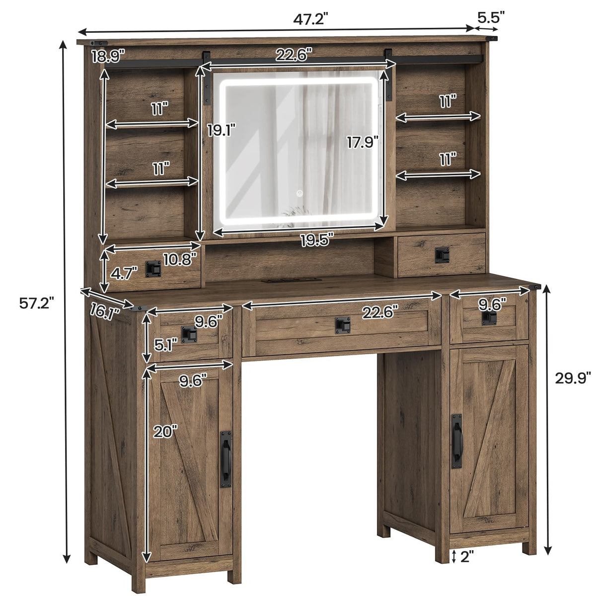 AOGLLATI Farmhouse Makeup Vanity Desk with Lights & Charging Station,Vanity Desk with Mirror and Lights, 47.2” Large Brown Vanity Table with Ample Storage Space and Sliding Mirror (Oak Brown) AOGLLATI