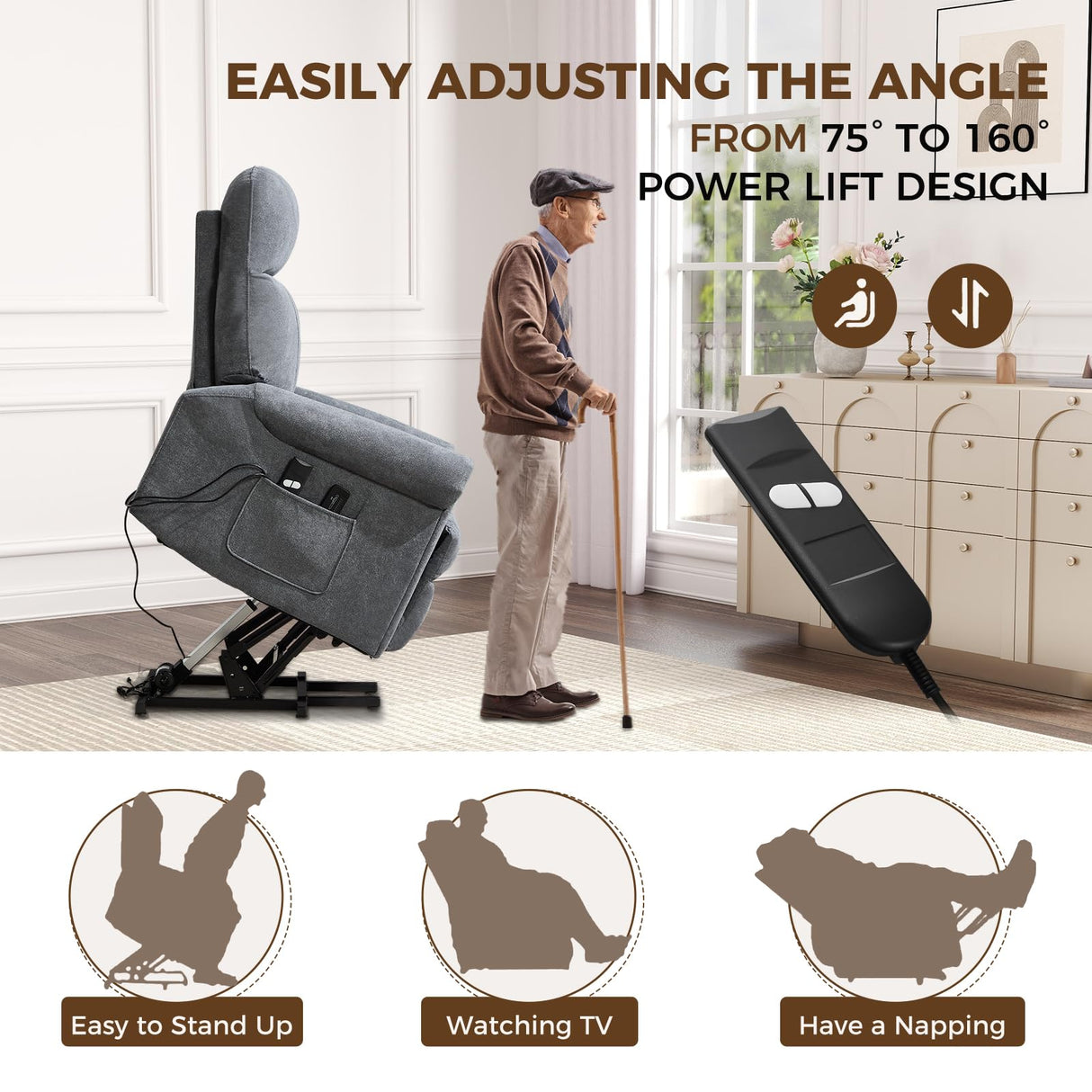 HAOMARKETS Power Lift Recliner Chair with Massage and Heat for Elderly, Electric Recliners with Remote Control,Soft Fabric Upholstered Reclining SingeSofa with Side Pocket for Living Room, Grey HAOMARKETS