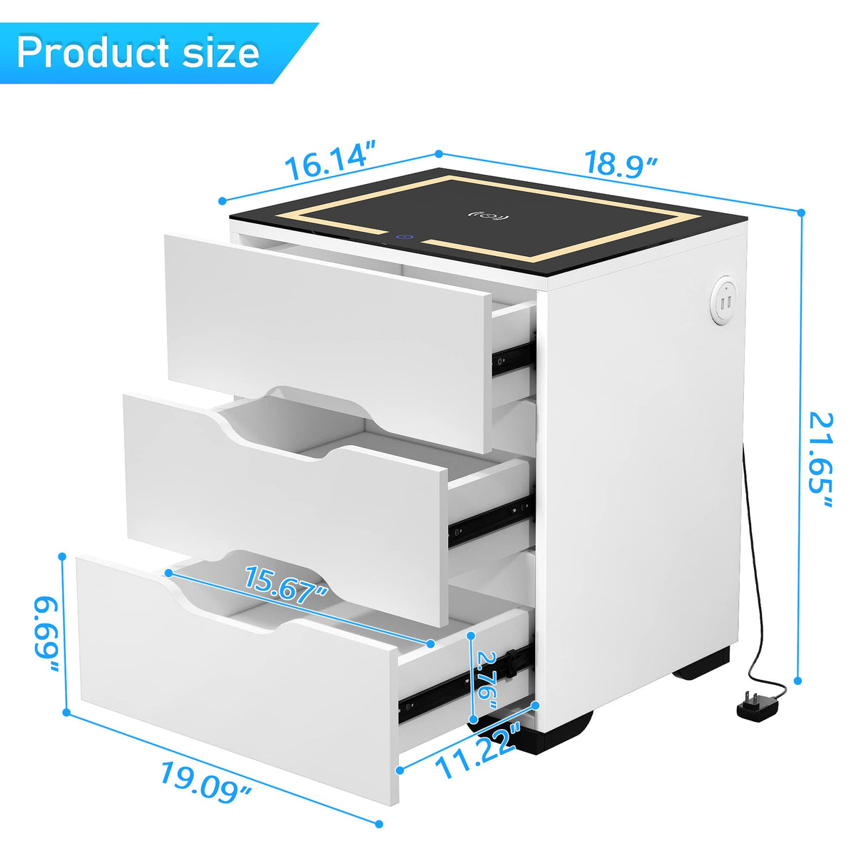 kepptory White Smart Nightstand with Wireless Charging Station & Adjustable LED Lights, High Gloss End Table with 3 Drawers & USB Charging, Bedside Table Organizer for Bedroom Use kepptory