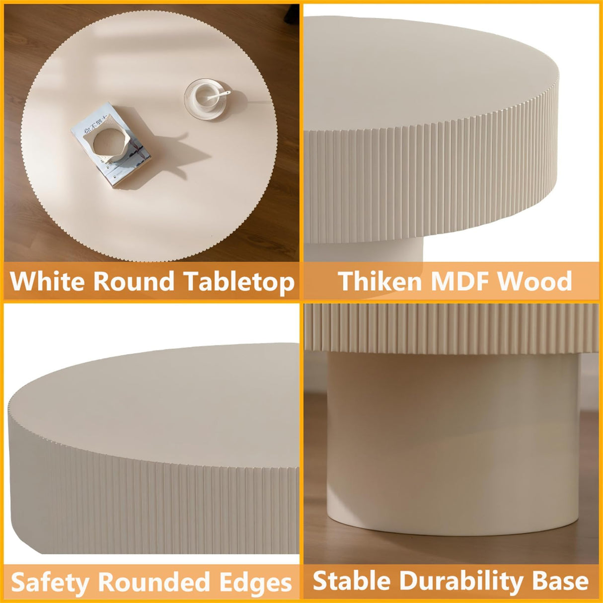 Modern Wood Round Coffee Table - Handcraft Drum Coffee Tables with Sturdy Base, Easy Assembly, Contemporary Style Small Coffee Table Tea Table for Living Room, Bedroom, Office (White Thick) YYZIWYUN