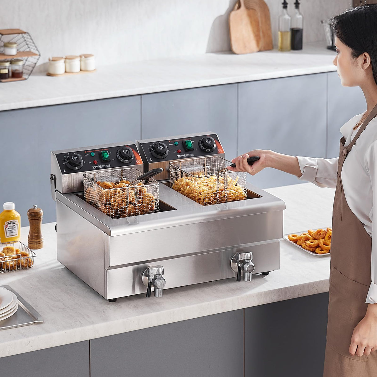 VEVOR Commercial Deep Fryer, Dual Tank 3000W Electric Countertop Fryer with Basket, 2 x 11.6Qt/11L Double Stainless Steel Oil Fryer with Oil Filtration, Time & Temp Control, for Kitchen Restaurant Use VEVOR