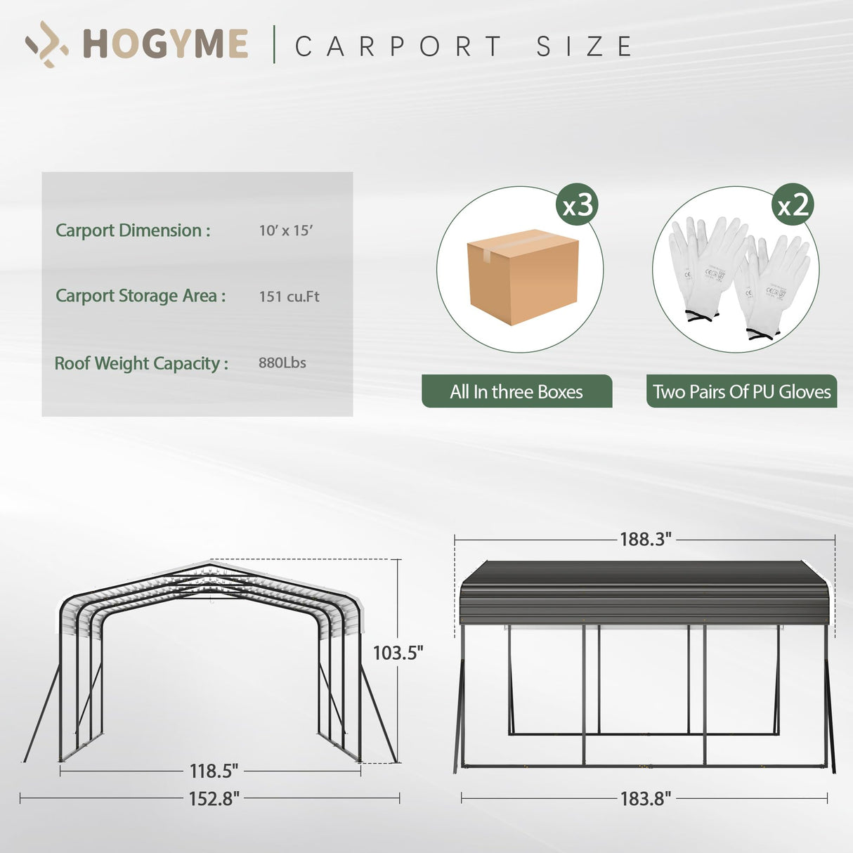 HOGYME 10x15 FT Heavy Duty Carport Canopy with Updated Frame Structure Galvanized Steel Roof and Enhanced Base, Metal Carport Garage for Pickup, Boat, Car and Tractors Grey HOGYME