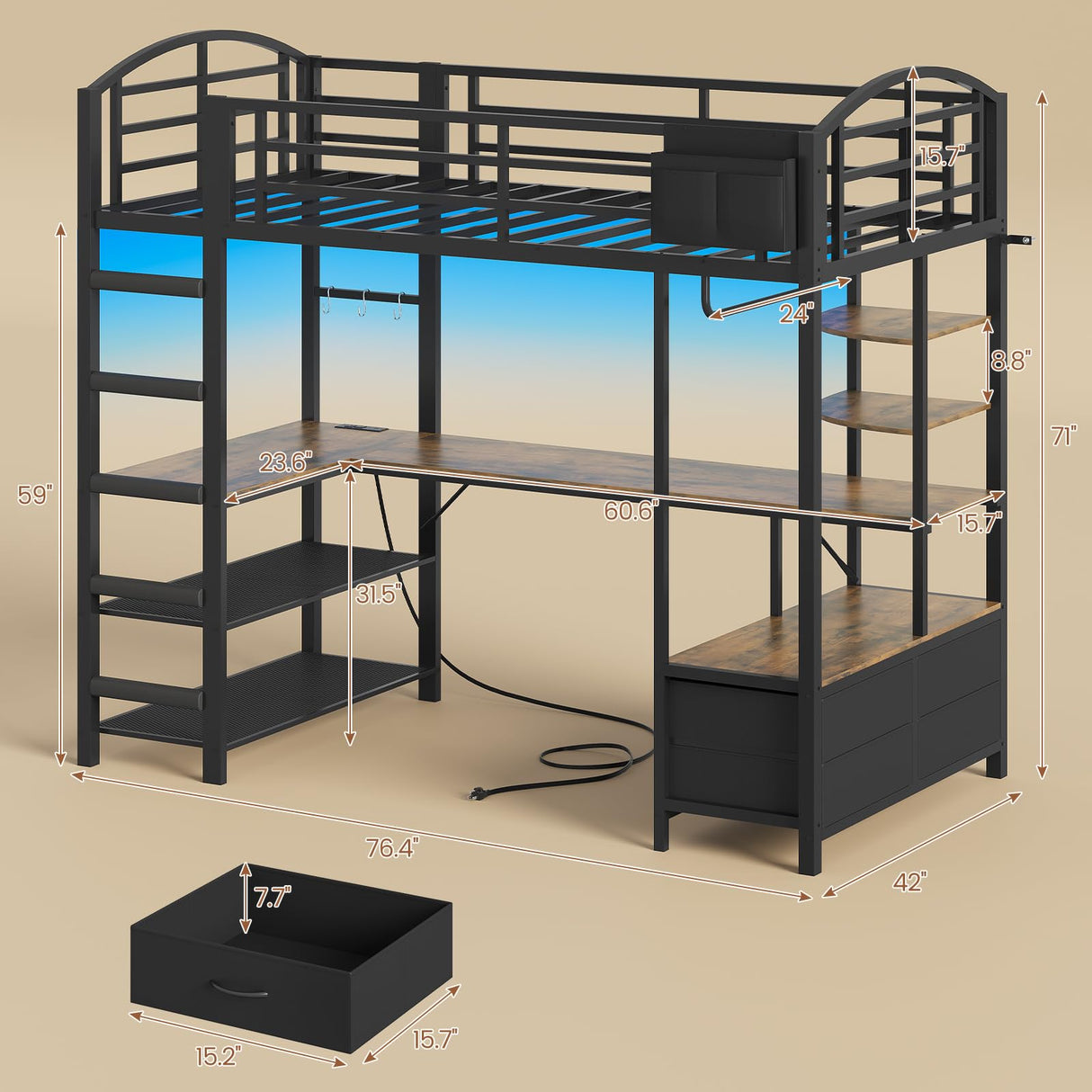 Loft Bed Twin Size with L Shape Desk,4 Drawers,Cloth hanging rack,2-Tier Storage Shelves Metal Loft Bed Frame with Power Outlet and LED Lighted,No Box Spring Needed,Space-Saving,Noise Free (Black) UPOSOJA