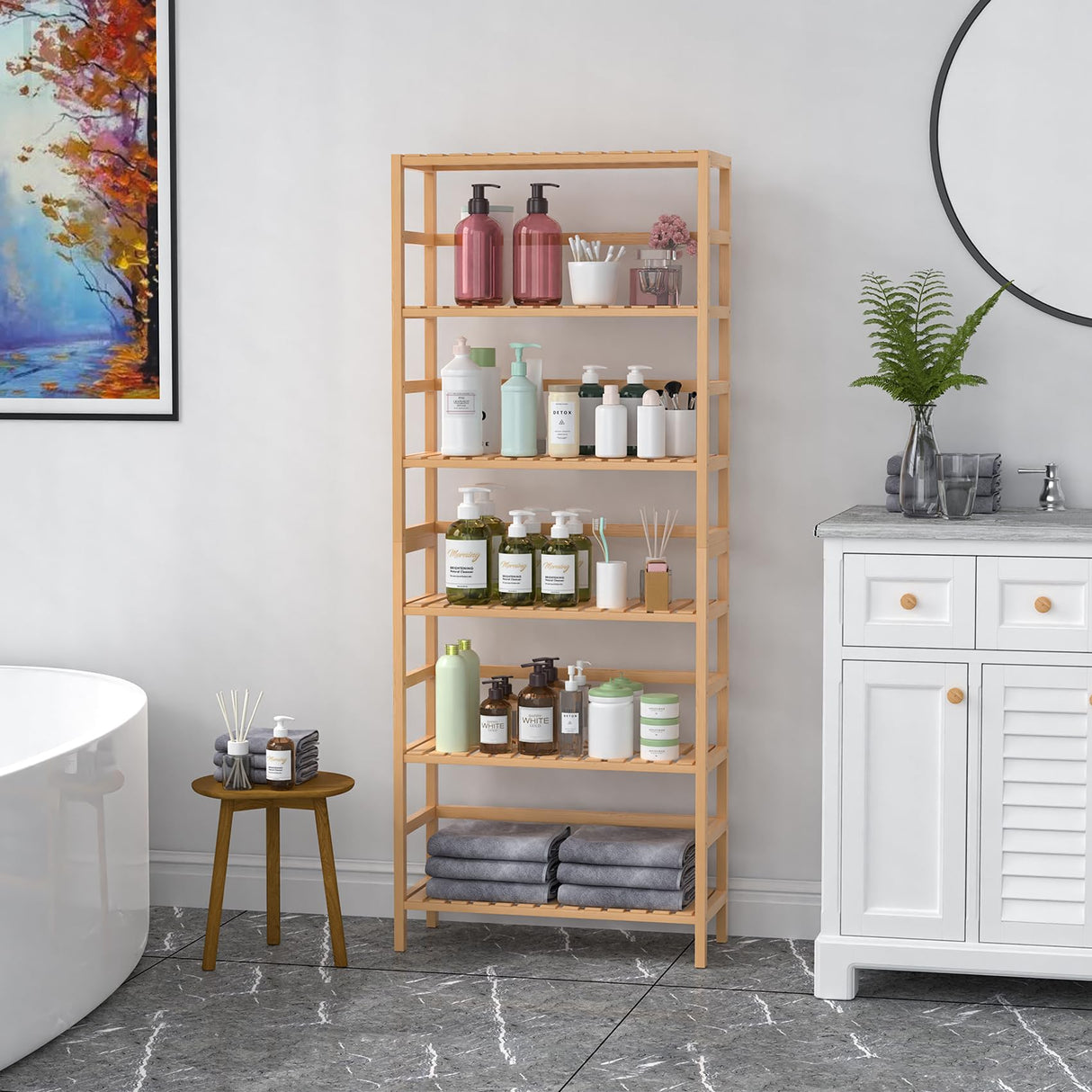 VASMIA Bookshelf,6 Tier Bamboo Adjustable Bookshelves,Tall Bookcase Shelf Storage Organizer,Free Standing Storage Shelving Unit for Living Room,Bedroom,Bathrrom and Home Office,Natural VASMIA