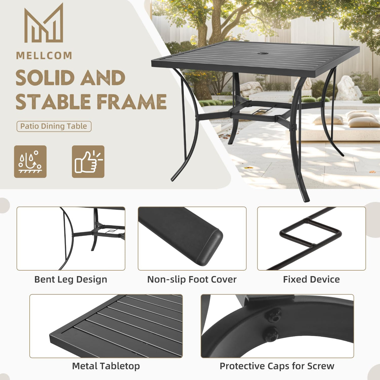 MELLCOM 5 Pcs Outdoor Dining Set, 4 Swivel Rocker Chairs with Thick Cushions & Square Dining Table with Umbrella Hole, Patio Furniture Set for Porch, Beige MELLCOM