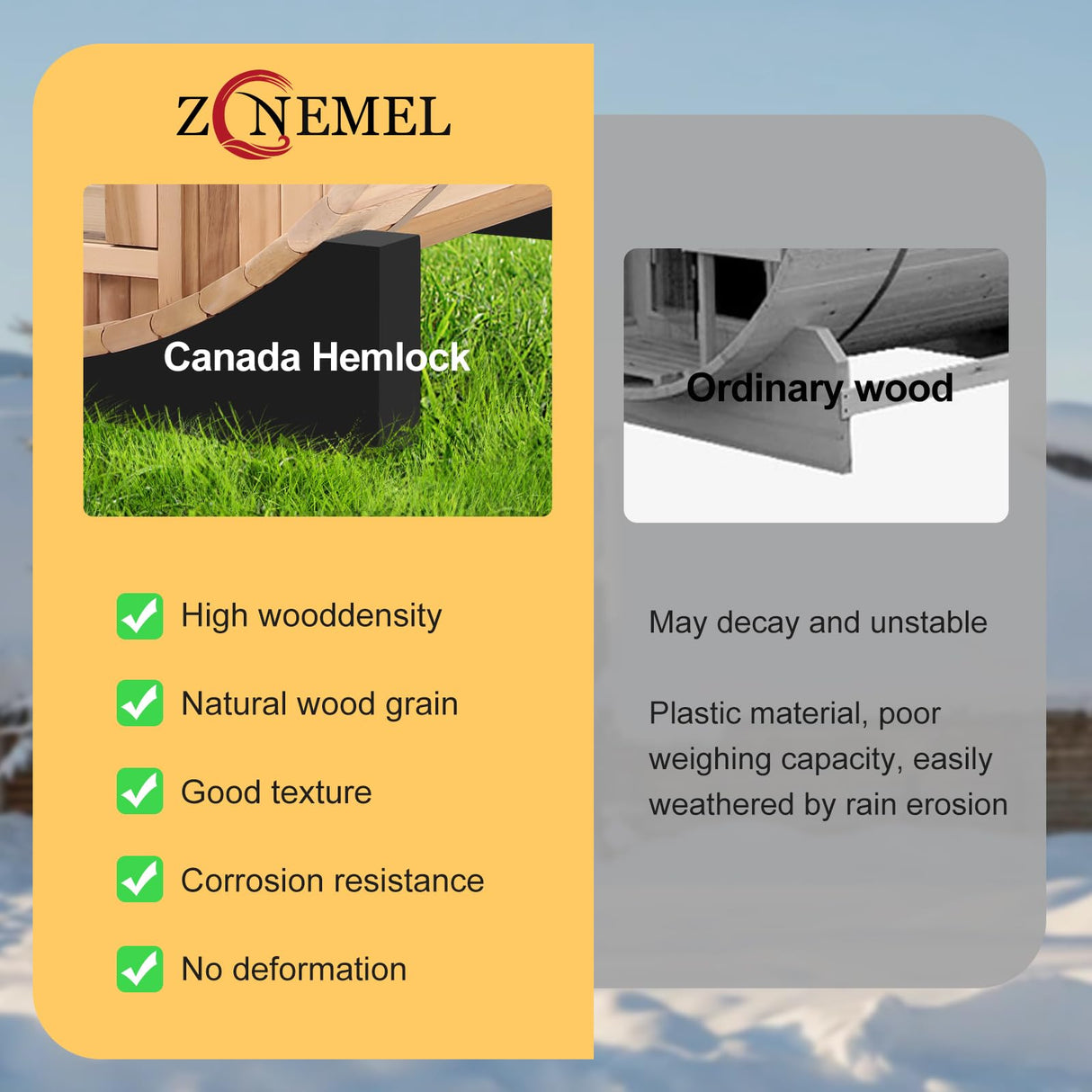 ZONEMEL Indoor and Outdoor Barrel Sauna Room with Porch, Asphalt Shingle Roof, Canadian Hemlock Wood Steam Sauna with 6KW Harvia Heater, Tempered Glass, Mostly for 6 People Sauna Bath ZONEMEL