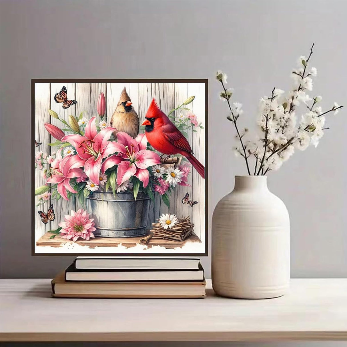 JXDXDJ Cardinal and Flowers Diamond Art Kits for Adults,Full Drill Butterfly 5D Diamond Painting Kits for Beginners,DIY Round Diamond Dots for Adults Crafts,Gem Painting Home Wall Decor 13.78x13.78 In JXDXDJ