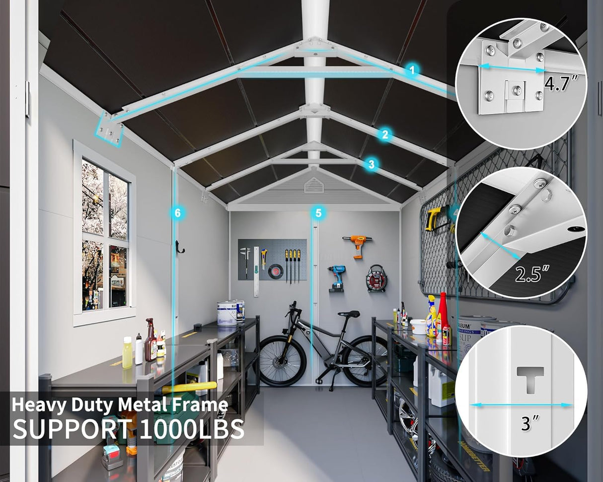 CDCASA 8x6x7 FT Resin Storage Shed, Waterproof Large Outdoor Shed with Floor & Lockable Door & Window & Vents, Plastic Tool Shed for Backyard, Patio, Poolside, Gray CDCASA