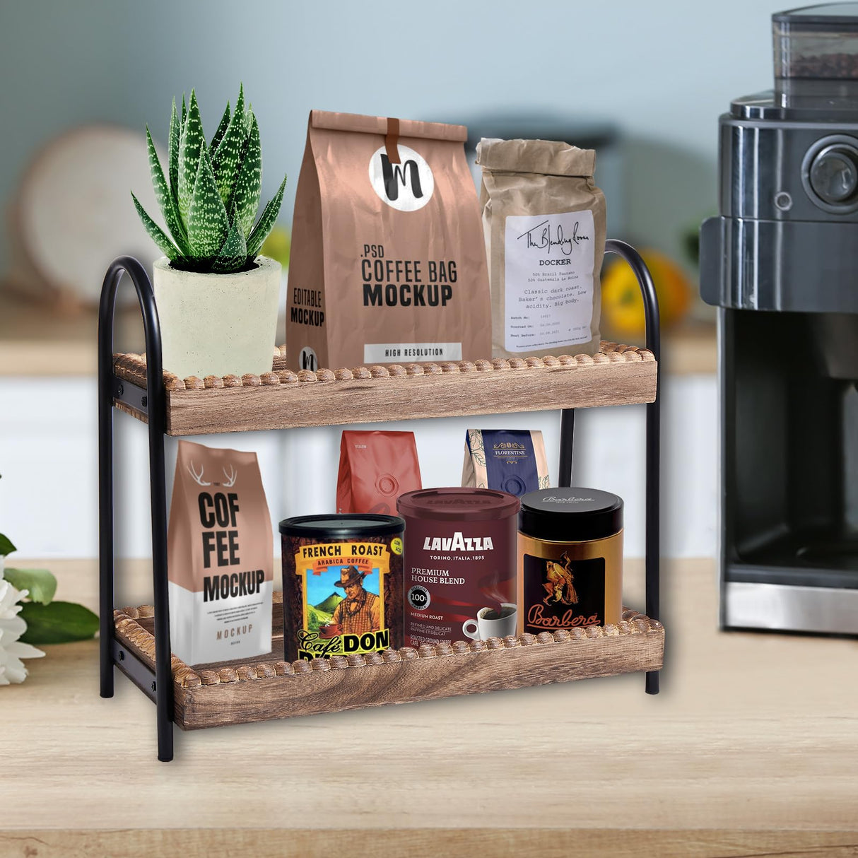 BDBDYEAY Bathroom Countertop Organizer, 2 Tier Vanity Organizer and Storage for Cosmetic Skincare Perfume, Wood Bead Storage Shelf for Bathroom Kitchen Coffee Station BDBDYEAY