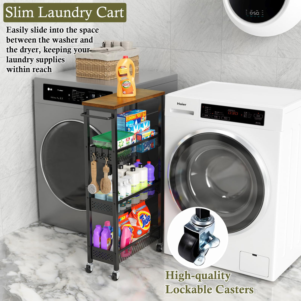 OKZEST Utility Slim Storage Cart, 4 Tier Small Rolling Kitchen Laundry Room Cart with Wood Top, Metal Narrow Bathroom Storage Cabinet Mobile Shelf Unit Organizer Trolley with Handle for Narrow Space OKZEST