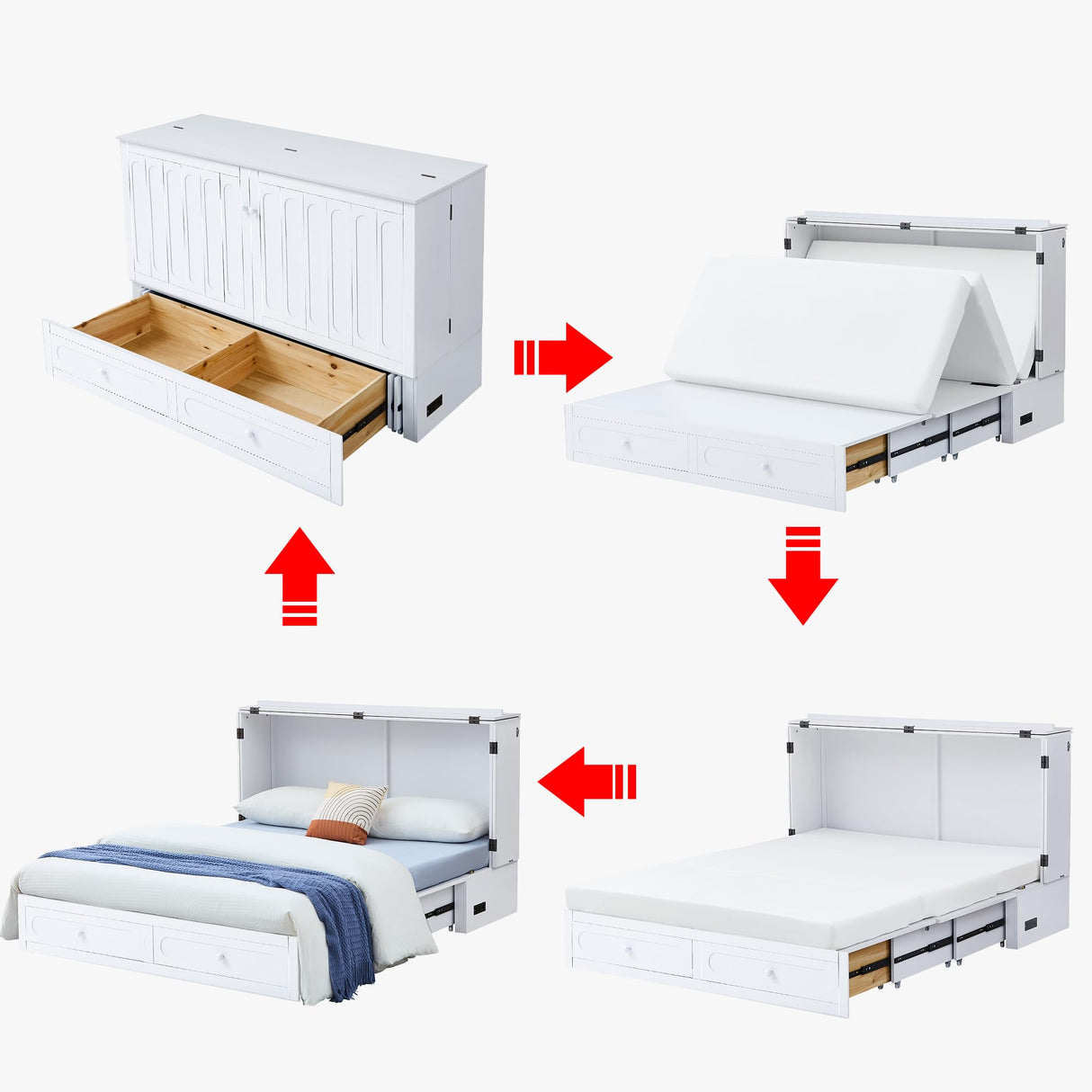 Homnso Murphy Bed Queen,Pine Wood Murphy Bed Cabinet Queen Size withTri-Folding Mattress,Storage Drawer & USB Charging Station for Living Room Apartment (White 3#) Homnso