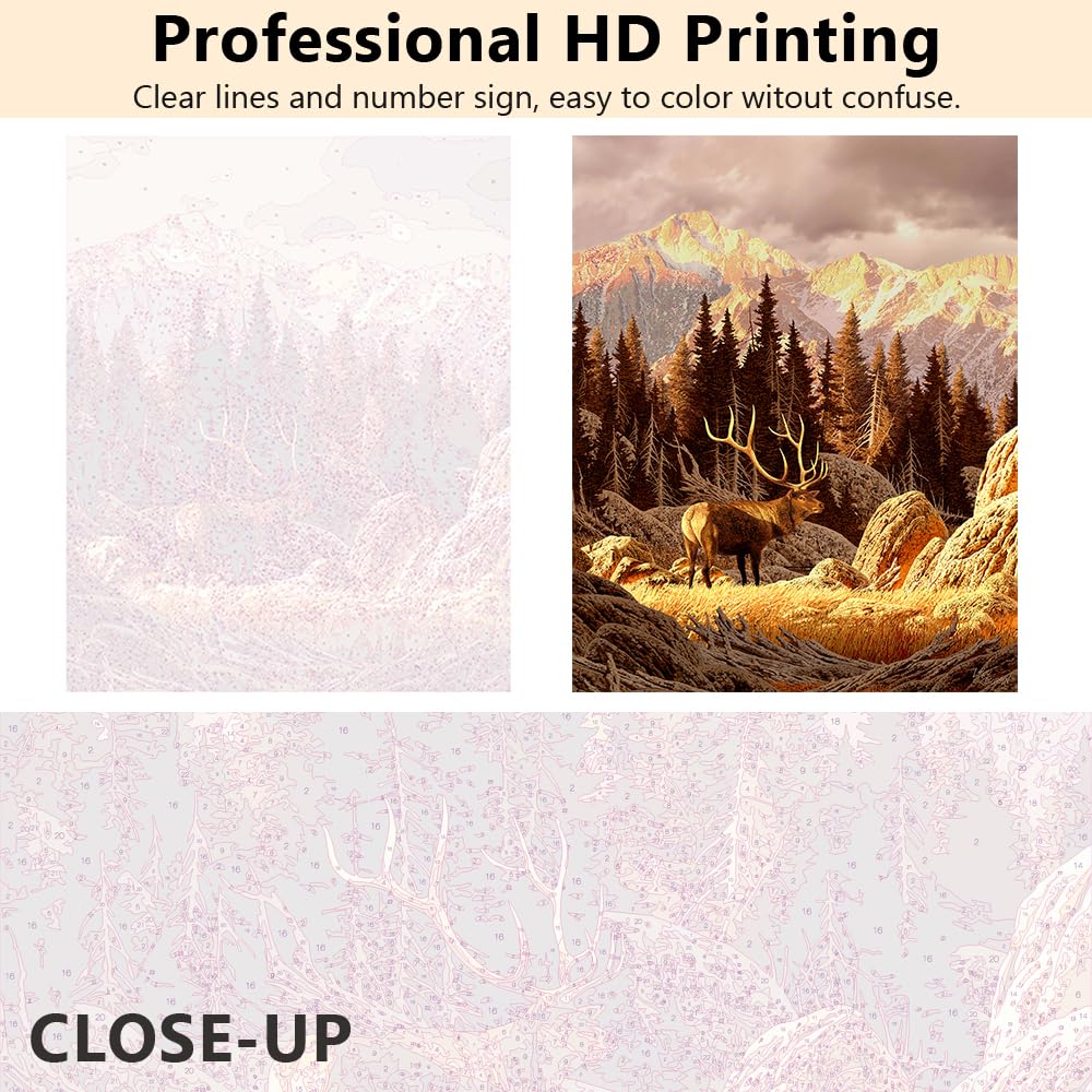 TISHIRON DIY Paint by Number for Adult, Elk Bull Paint by Numbers, Nature Landscape Adult Paint by Numbers Kits on Canvas, 16X20 Inch Mountain Paint by Numbers for Adults Beginner Kids TISHIRON
