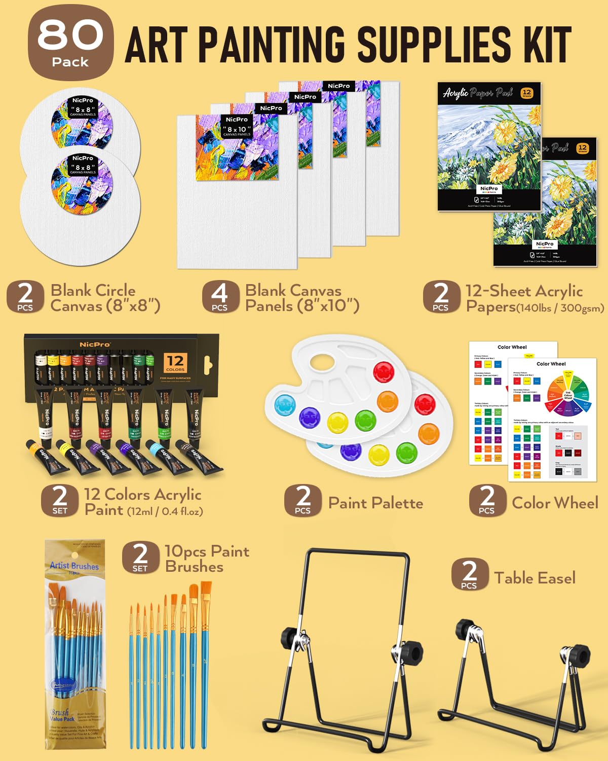 Nicpro Acrylic Paint Canvas Set for Adults & Kids, 80PCS Art Painting Supplies Kit with 2*12 Colors Paint, 6 Canvas, 2 Table Easel, 2*10 Brushes, 2 Paper Pad, 2 Palette for Artist Beginner Students Nicpro