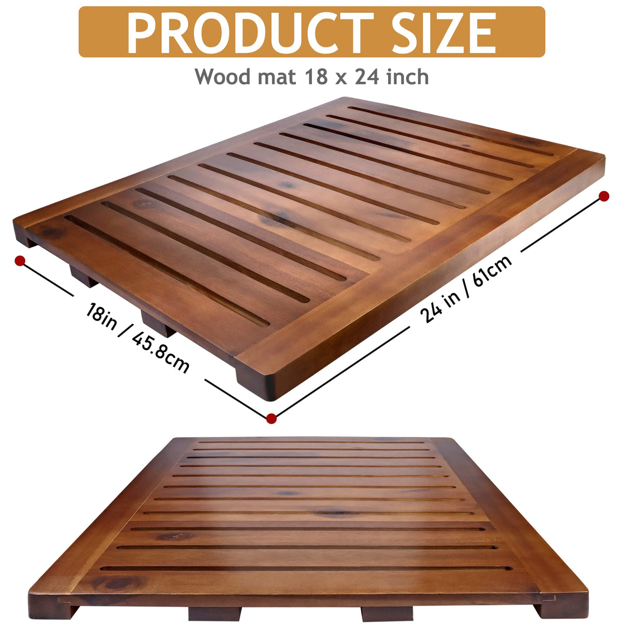 Acacia Wood Shower Mat 24x18 Inches by Demigo, Luxury Bath Mat Non Slip for Bathroom Bathtub Shower Spa Garden Home, Wooden Floor Mat Square Large for Outdoor and Indoor Demigo