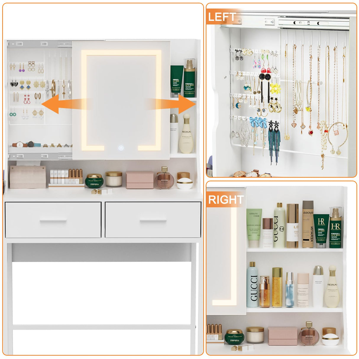 Uiithokyia White Vanity Desk, Makeup Vanity Table with Mirror LED Lights, Vanitys for Jewelry Organizer, 2 Storage Drawers, and Side Pockets Hair Tools Storage, Bedroom Vanity Table for Women, Girls Uiithokyia