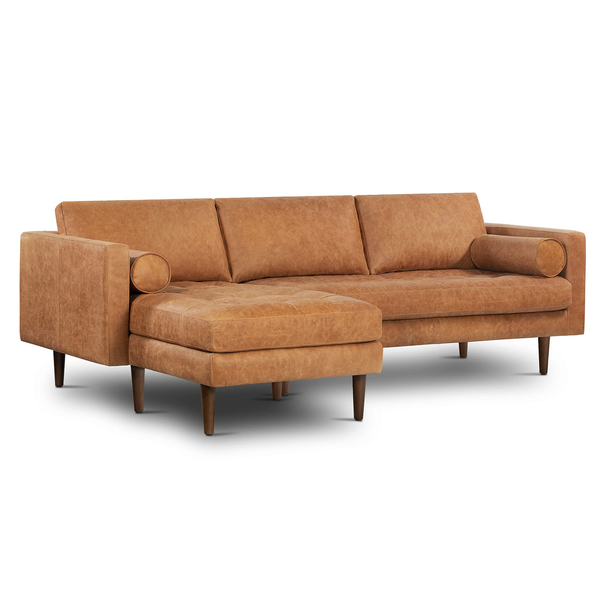 POLY & BARK Napa Leather Couch – Left-Facing Sectional Full Grain Leather Sofa with Tufted Back with Feather-Down Topper On Seating Surfaces – Pure-Aniline Italian Leather – Cognac Tan POLY & BARK