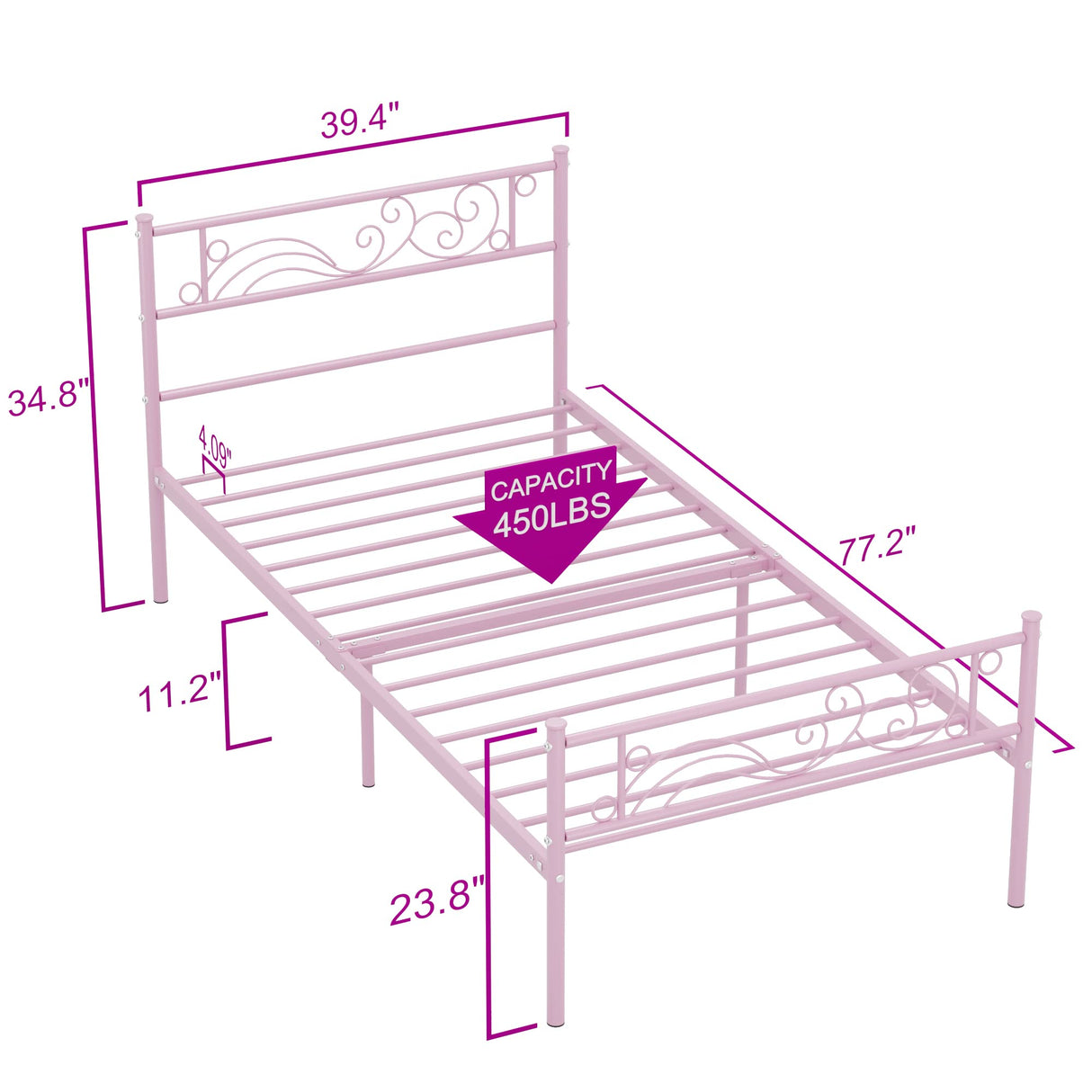 Weehom Metal Bed Frame Twin with Bed Storage,No Box Spring Needed,Heavy Duty Steel Slats Support for Boys Girls Teens Students Adults Pink Weehom