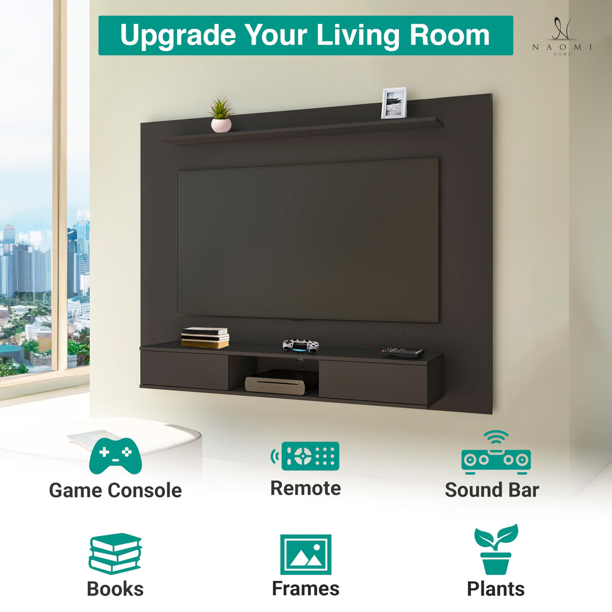 Naomi Home Zola Multi Storage Wall Media Center for up to 70 inch TVs, Entertainment Center with Storage, Floating TV Stand with 2 Sliding Doors and 2 Floating Wall Shelves, UV Painting Finish Black Naomi Home