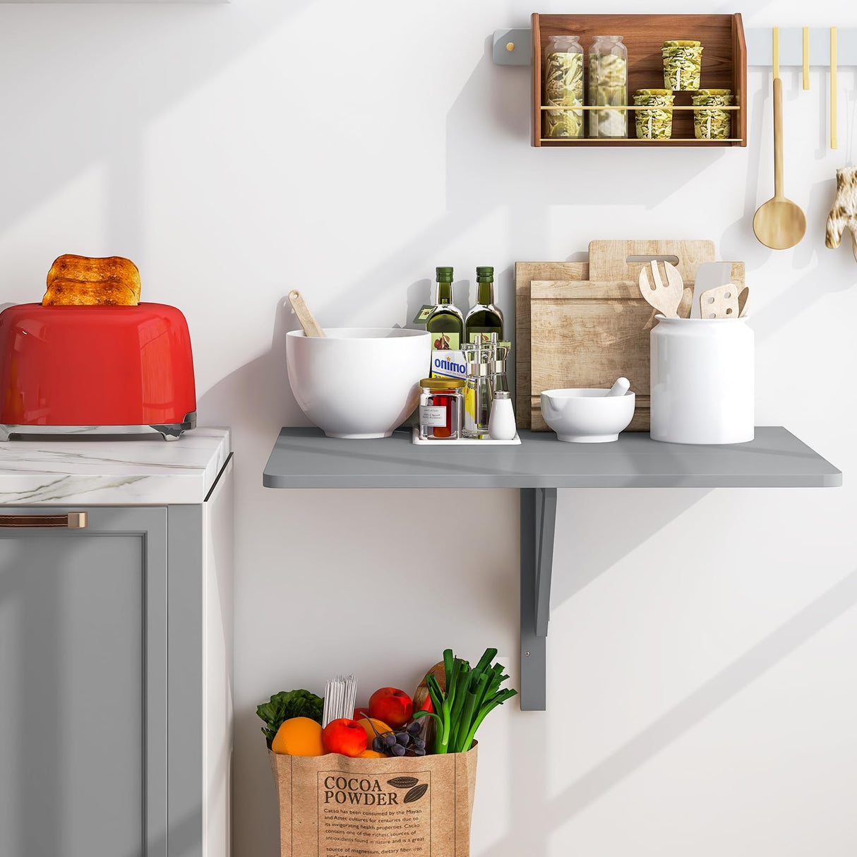 Giantex Wall Mounted Folding Table, 31.5" x 23.5" Wood Murphy Desk Drop-Leaf Table, Space Saving Foldable Floating Desk, Wall Desk Fold Down for Small Spaces, Study, Bedroom, Bathroom (Gray) Giantex