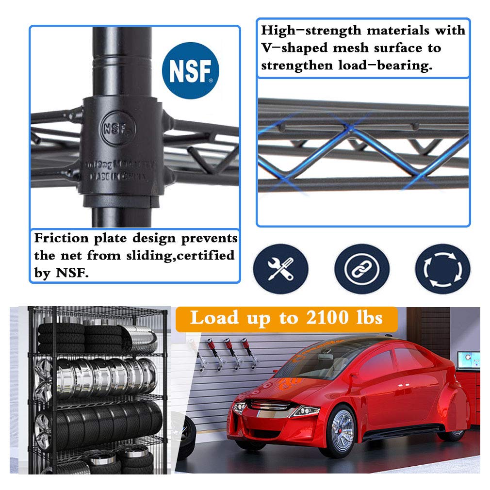 XXkseh Metal Shelf 6 Tier Wire Shelving Unit with Wheels,Heavy Duty Storage Shelves, NSF Garage Kitchen Organizer, Wire Rack Height Adjustable Commercial Grade Rolling Steel Rack,48"x18"x82", Black XXkseh