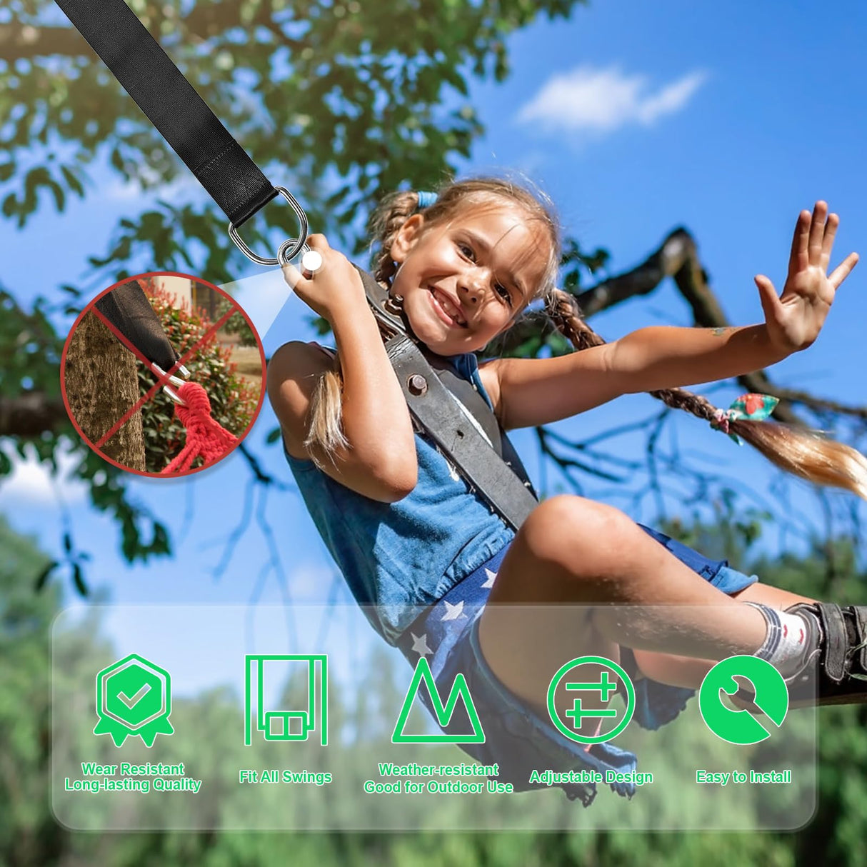 Tree Swing Hanging Straps Kit Holds 2000 lbs,5ft Extra Long Straps Strap with Safer Lock Snap Carabiner Hooks Perfect for Tree Swing & Hammocks, Carry Pouch Easy Fast Installation (5 ft) WILDJUE