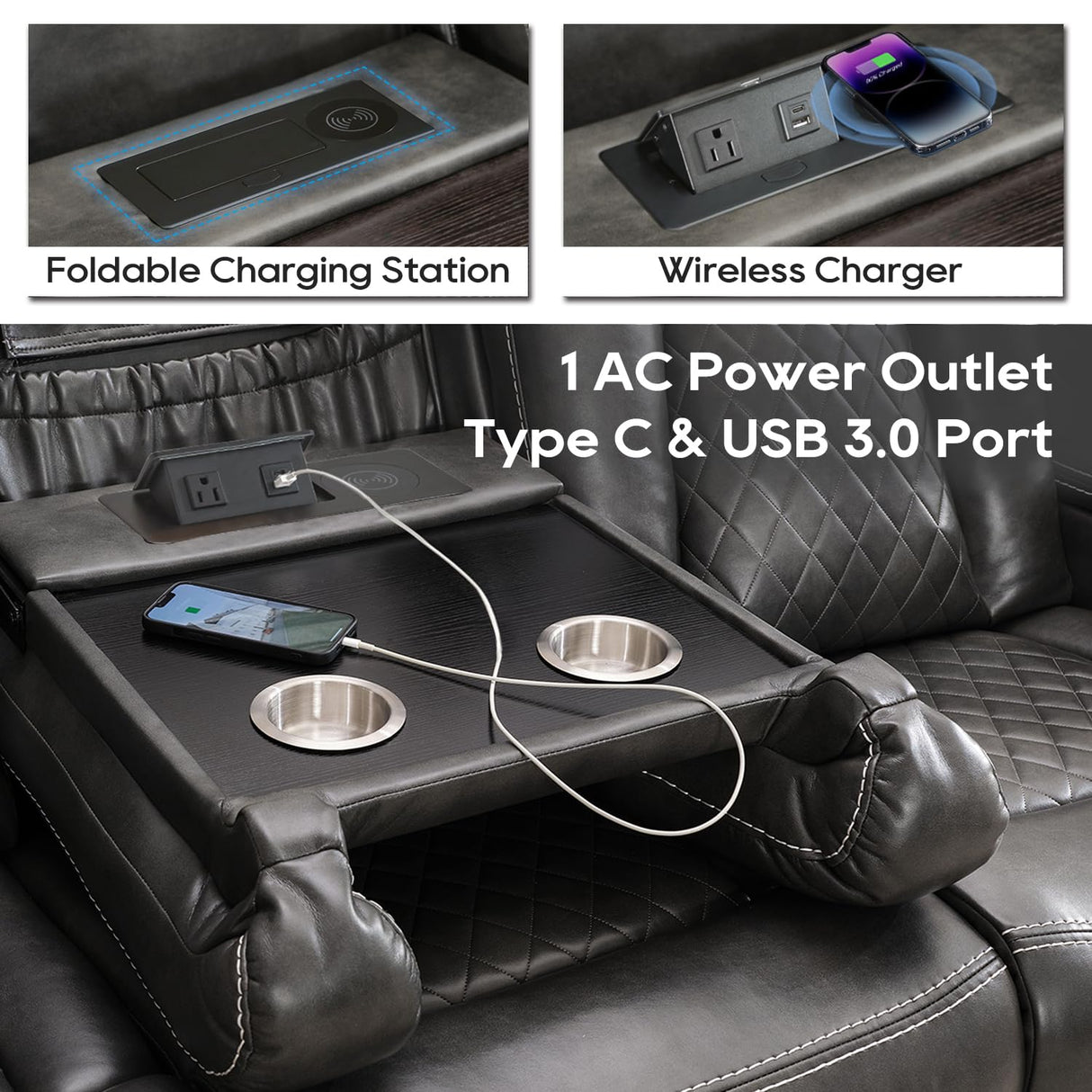Power Reclining Sofa Couch with Wireless Charger, 3 Seaters with Recliner with Reading Light, Leather Electric 3 Seat Sofa Sectional Set for Living Room, Home Theater Seating with LED Lights, Grey Comfort Stretch
