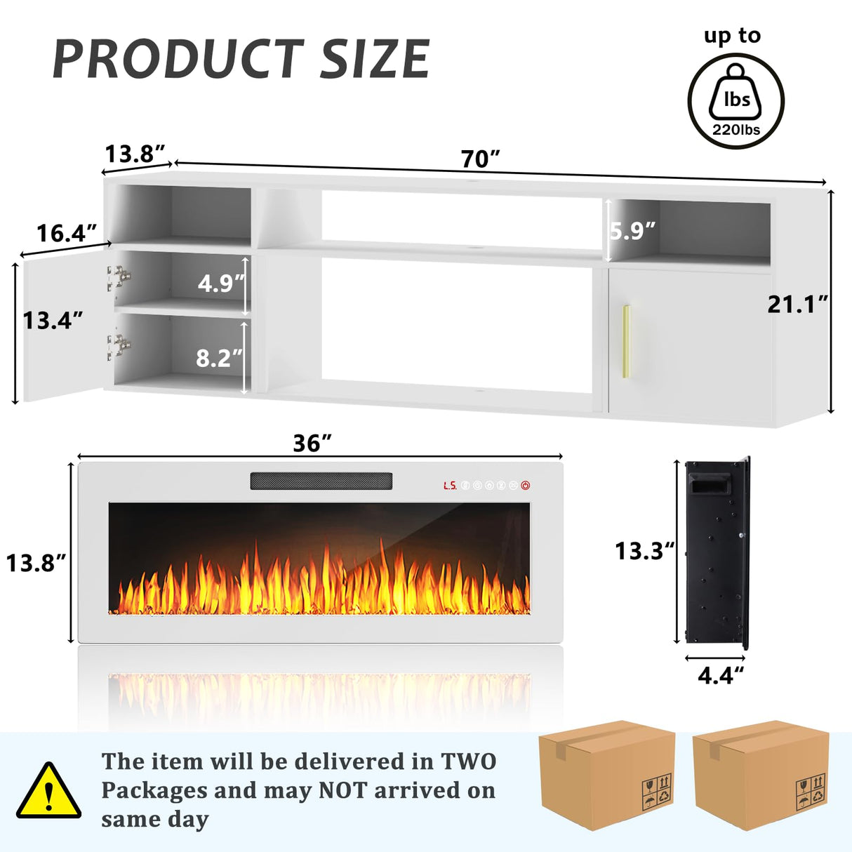 PUKAMI 70" Floating TV Stand with 36" Electric Fireplace,Wall Mounted Entertainment Center with LED Lights and Highlight Storage Cabinet for TVs up to 80" for Living Room (White and White) PUKAMI