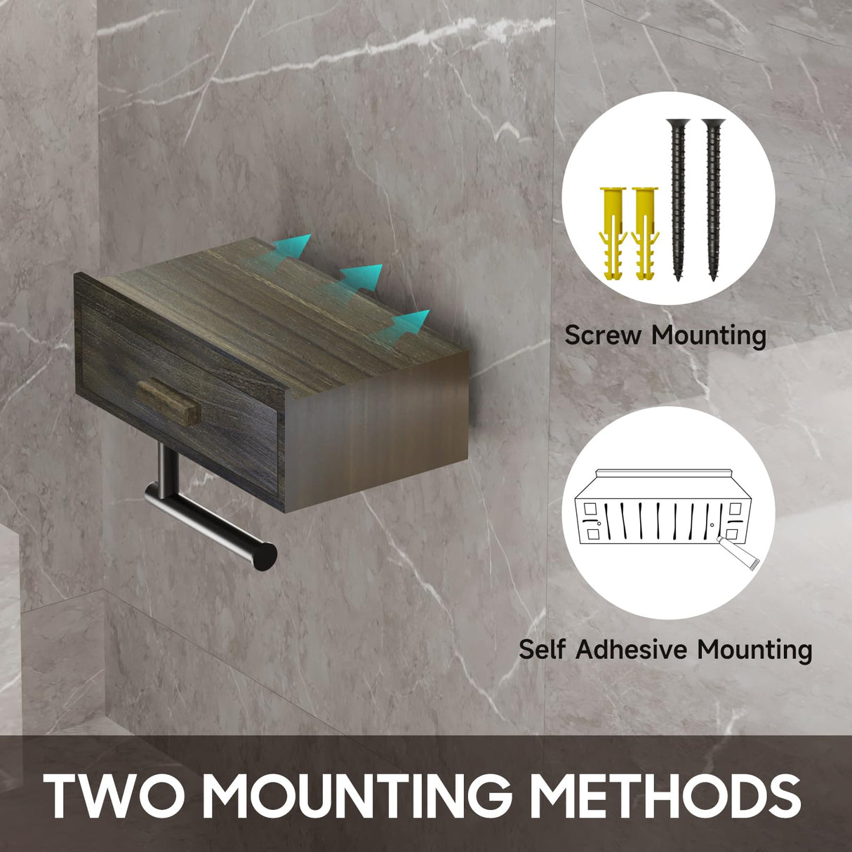 Toilet Paper Holder with Shelf,Wall Mount/Adhesive Rustic Farmhouse Toilet Paper Holder,Wipes Dispenser for Bathroom,Wood Toilet Roll Holder with Storage Drawer(Brown) SUNLOVING