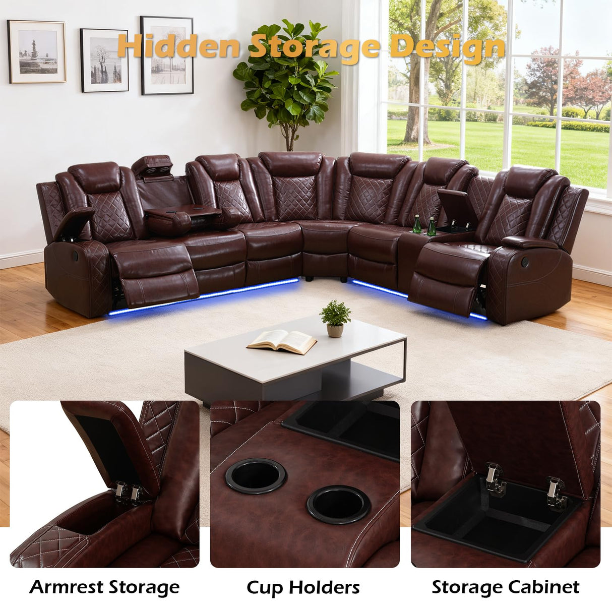 SIENWIEY Leather Power Recliner Sectional Sofa Set with LED Light,L Shaped Leather Couch Set with 5 Recliner Seats,Modular Couch with USB Ports for Living Room Furniture(Red, Sectional+Sofa+Chair) SIENWIEY