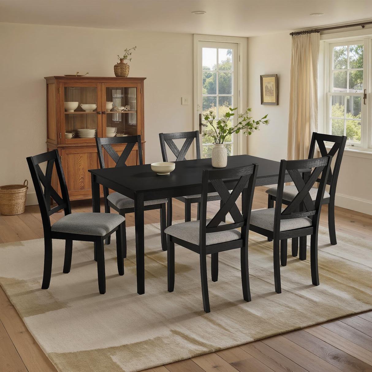 SIMTONAL Modern 6-Piece Dining Set with 4 Upholstered Chairs and Bench – Solid Wood Table Set for Kitchen or Dining Room, Black SIMTONAL
