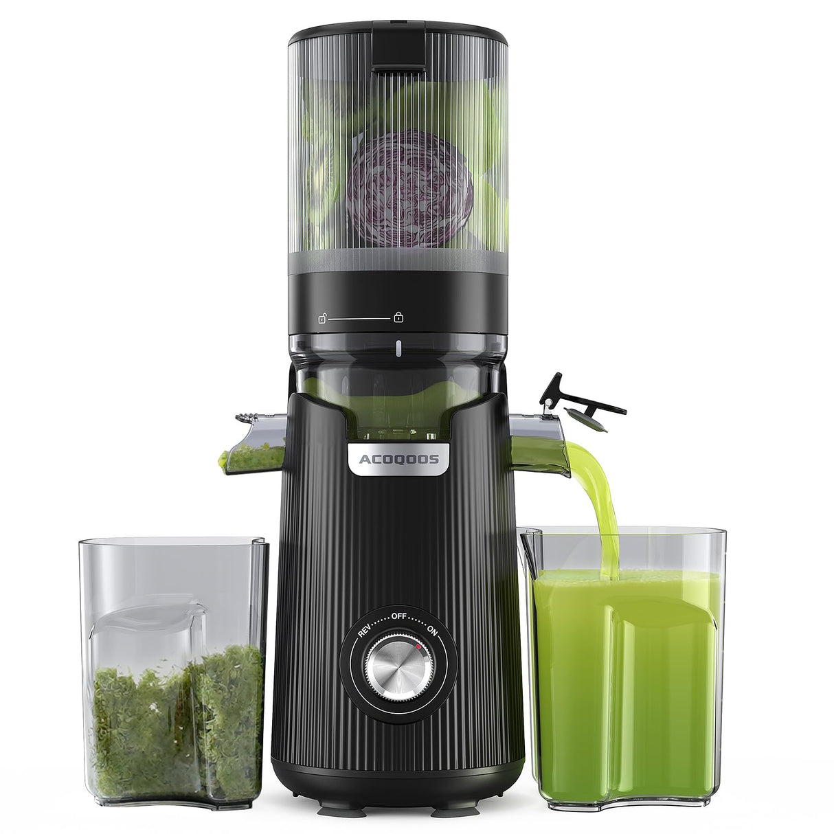 ACOQOOS Juicer Machines, Cold Press Juicer Whole Fruit and Vegetable with 5.3" Wider and Larger Feeding Chute (Capacity 1.8L), Easy to Clean Juicers with 2 Cups, Masticating Juicer Black ACOQOOS