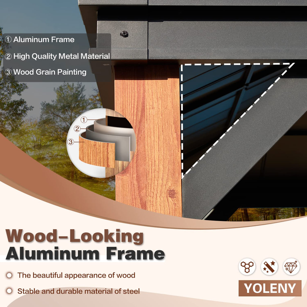 YOLENY 12' x 20' Ultra-Thick Faux Wood Grain Aluminum Frame Hardtop Gazebo, Vertical Stripe Galvanized Steel Double Roof, Outdoor Patio Gazebo YOLENY