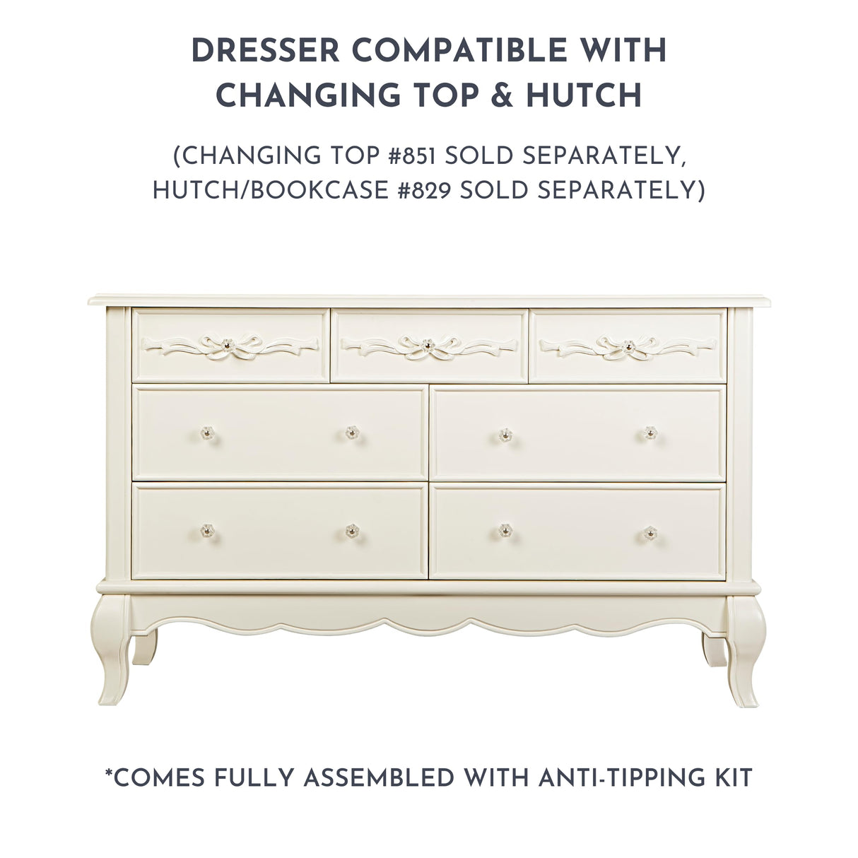 Evolur Aurora 7 Drawer Double Dresser in Ivory Lace, Fitted with 7 deep and Roomy Drawers with Five-Piece Drawer Box Construction, Comes Assembled Evolur