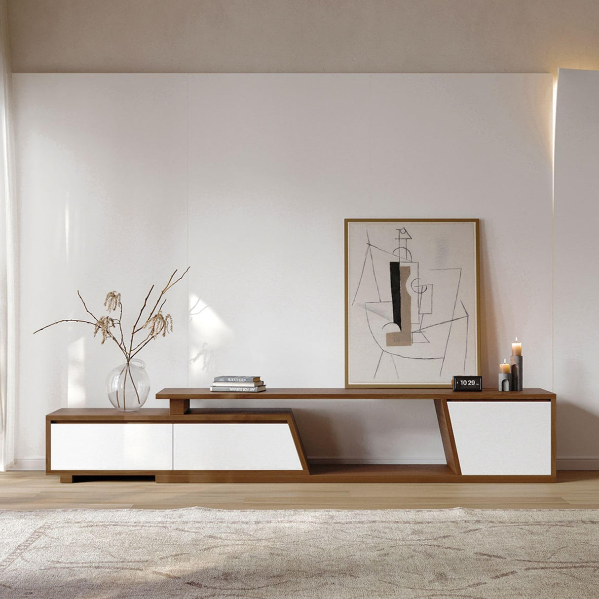 homary Extendable TV Stand with 3 Drawers Minimalist Rectangle Entertainment Center Walnut TV Console Table Up to 110" (Extendable: 70.9”W-110.2”W) (White & Walnut) homary