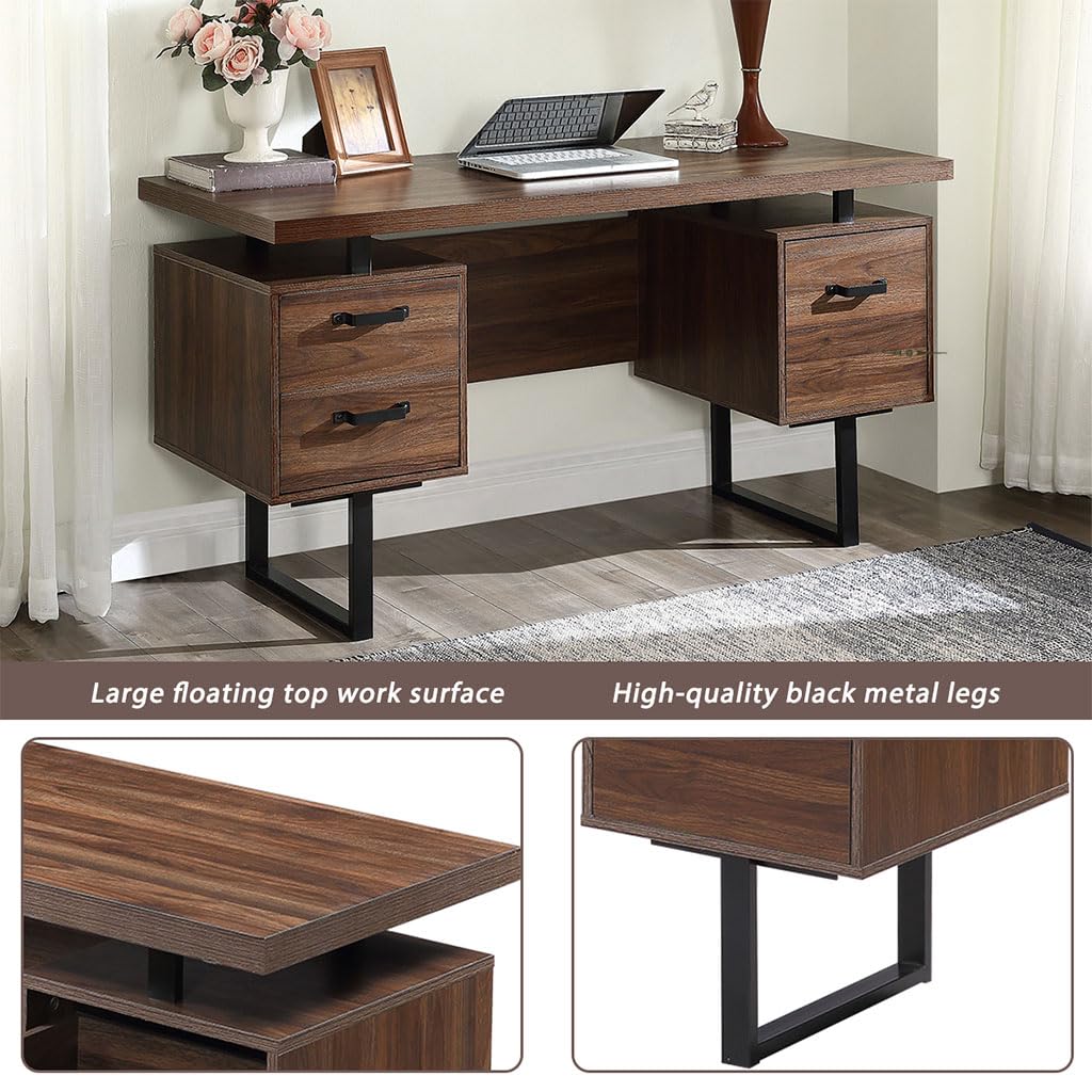 STANSS 59" Computer Desk, Farmhouse Home Office Desk Writing Table with 3 Drawers and U-Shaped Metal Legs, Wood Executive Desk Student Desk, Drawers for Hanging File Executive Desk, Rustic Brown STANSS