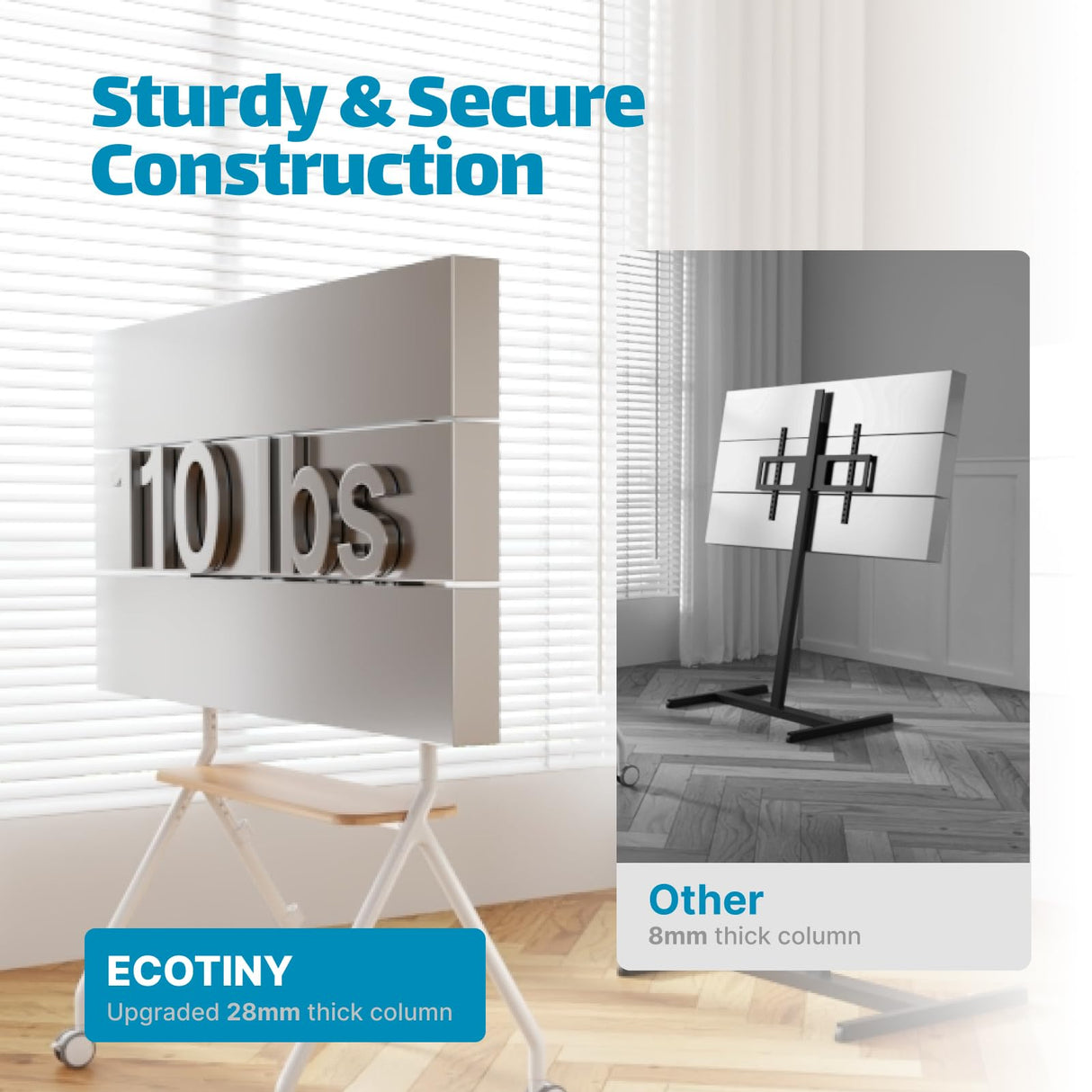 ECOTINY Easel Rolling TV Stand for 49-80 Inch TV Screen up to 110 LBS, Portable TV Stand with Wheels, Height Adjustable TV Stand Cart for Business, Office, School, Home, White ECOTINY