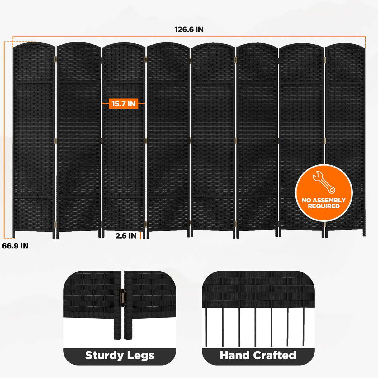 Room Divider 8 Panel Screen 5.6 Ft Tall Partition Room Dividers Black Privacy Screens Folding Room Separation Free Standing Waterproof Wood Frame Wall Divider FDW