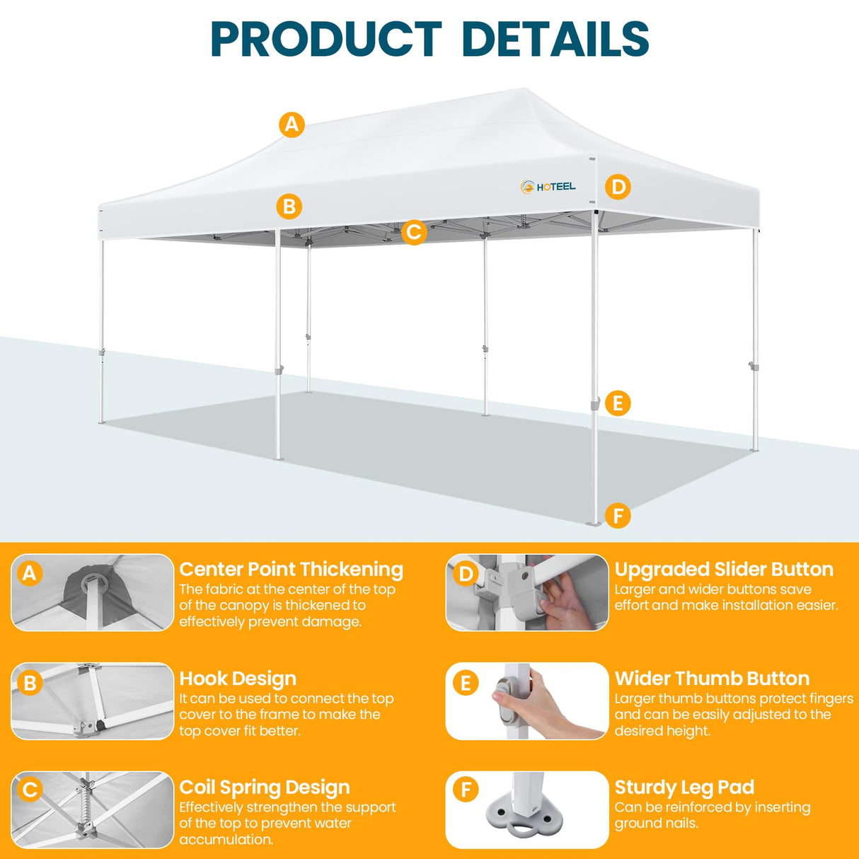 Hoteel Canopy 10x20 Heavy Duty Pop Up Canopy Tent with 6 Sidewalls,UPF50+ and Waterproof 1500mm,3 Height Adjustable,Upgraded Hexagonal Pipe,Commercial Instant Tent,for Picnic,Parties,Wedding,White Hoteel