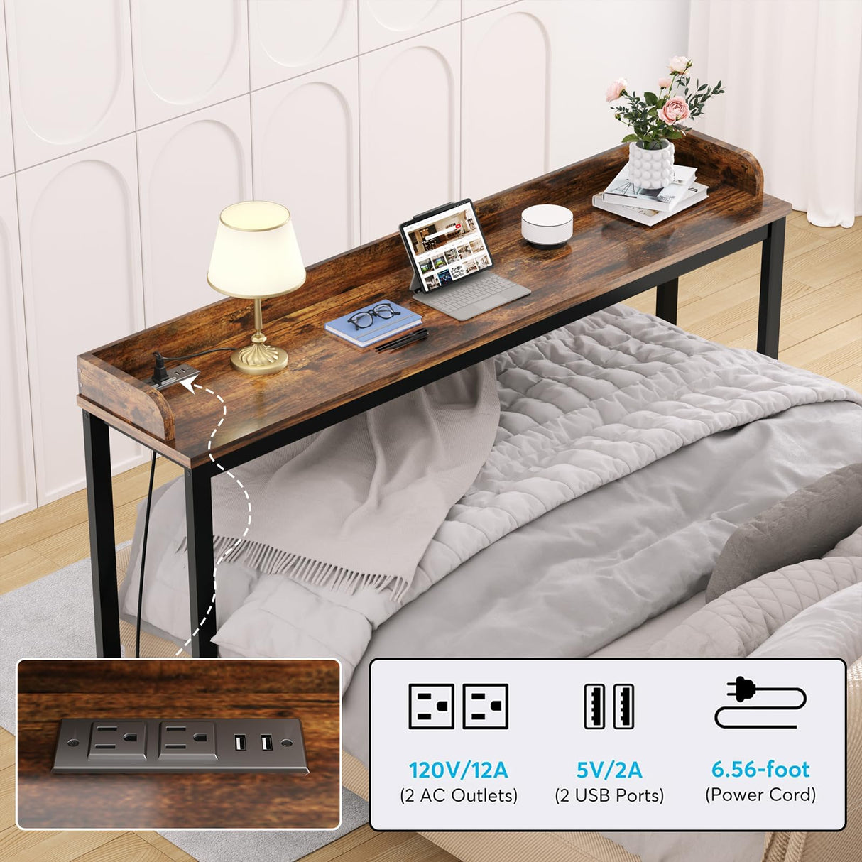 70.8" Standing Desk with Charging Station, Extra Long Desk on Wheels for Standing and Sitting, Sofa Table Behind Couch with Power Outlets and USB Ports, Easy Assembly, Walnut Ytaoka