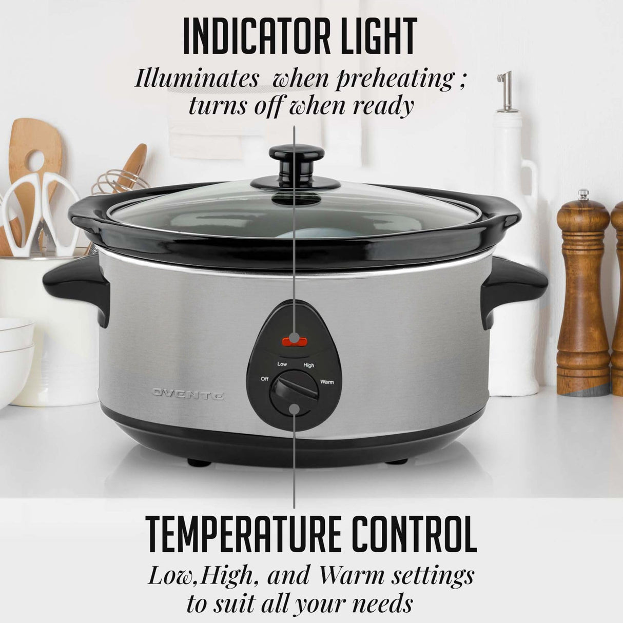 OVENTE Electric Slow Cooker with 3 Cooking Settings, Dishwasher-Safe Stoneware, Tempered Glass Lid and 3.7 Quart Oval Ceramic Pot Perfect for Entrees, Soups, Sauces, Stews and Dips, Silver SLO35ABR OVENTE