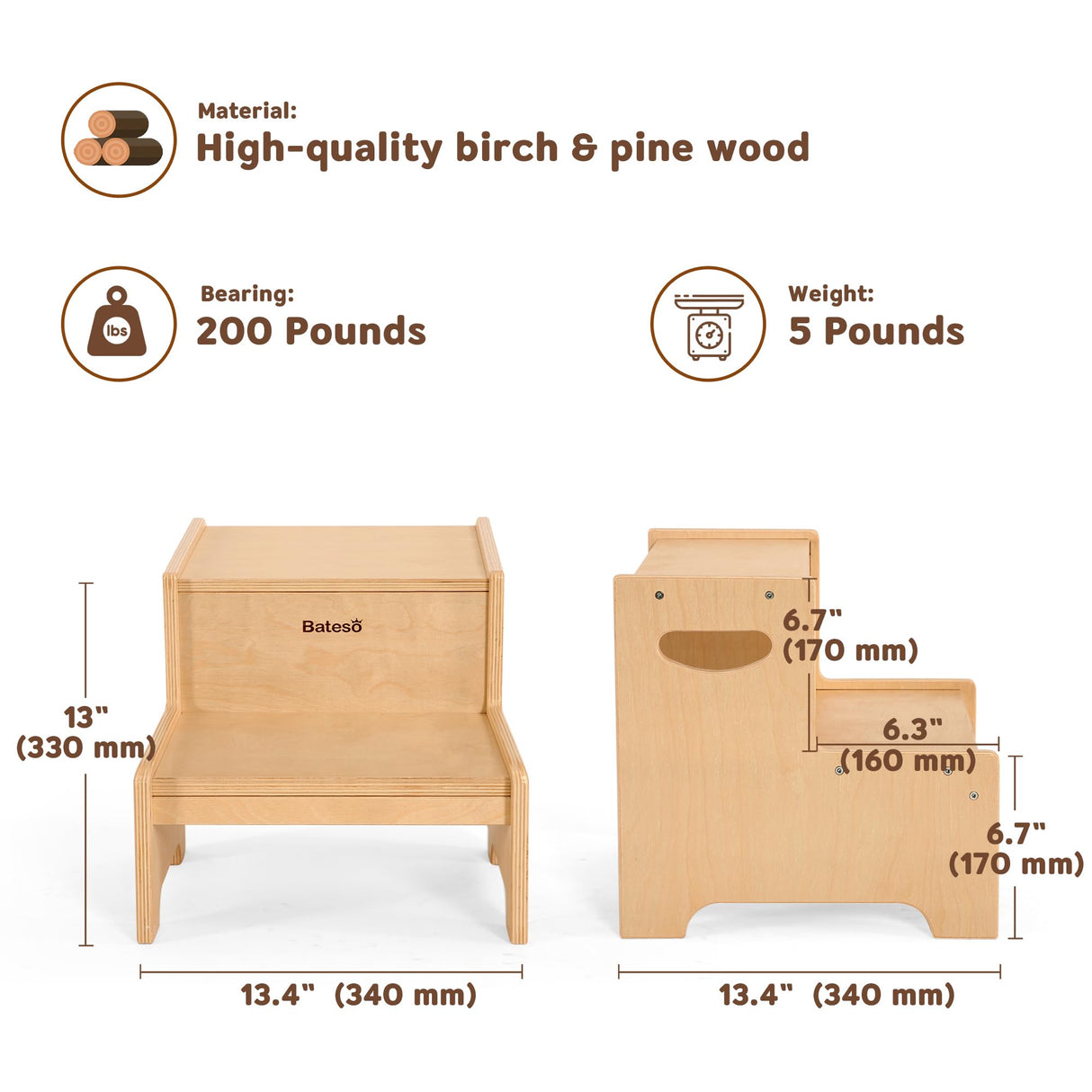 Bateso Step Stool for Kids, Wooden Toddler Step Stool for Bathroom Sink with Safety Anti-Slip Mat and Strip, Assembly Easily, Sturdy Kid Step Stool for Brushing Teeth, Kitchen, Toilet Potty Training Bateso