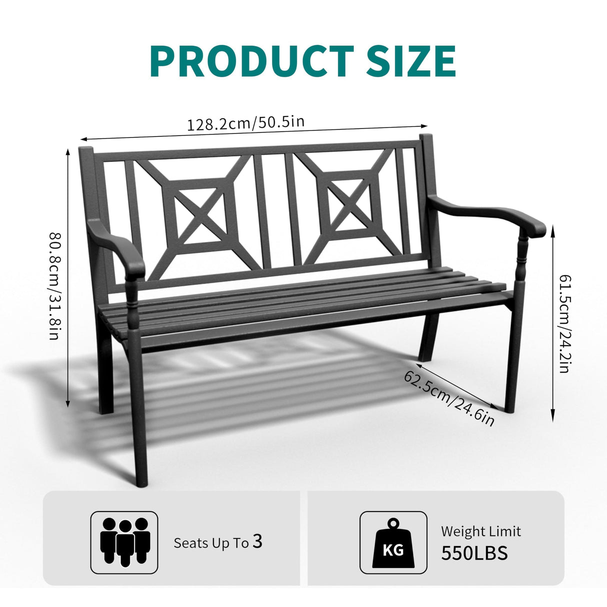 JMGJOY Metal Outdoor Bench, Weatherproof Garden Bench with Square Pattern Backrest and Armrests, for Patio, Porch, Park, Lawn JMGJOY