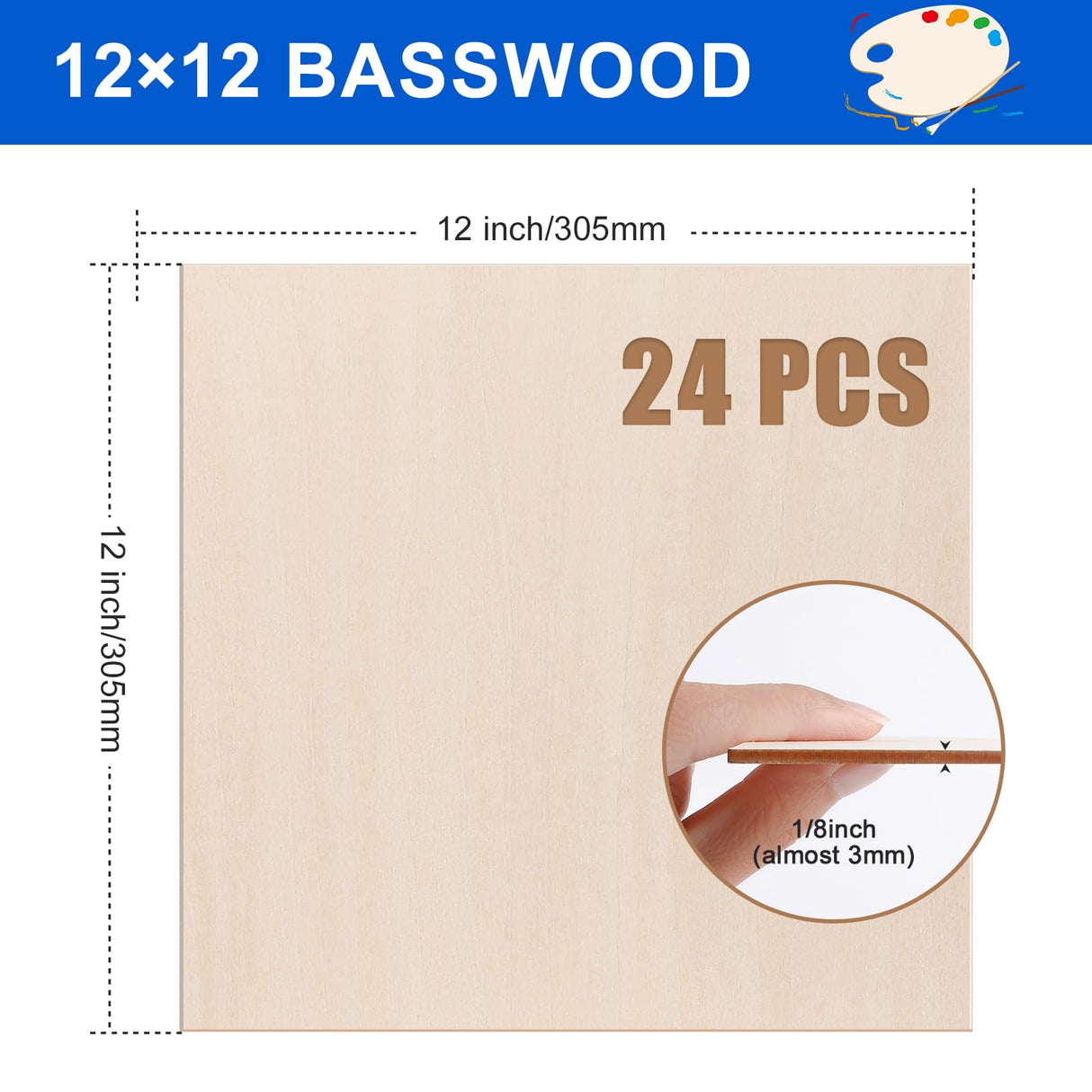 24 Pack Basswood Sheets 12"x12"x1/8", 3mm Basswood for Laser Cutting and Engraving,Thin Plywood Board Unfinished Wood for Crafts, DIY Ornaments and Architectural Model, Wood Burning. VKIZA