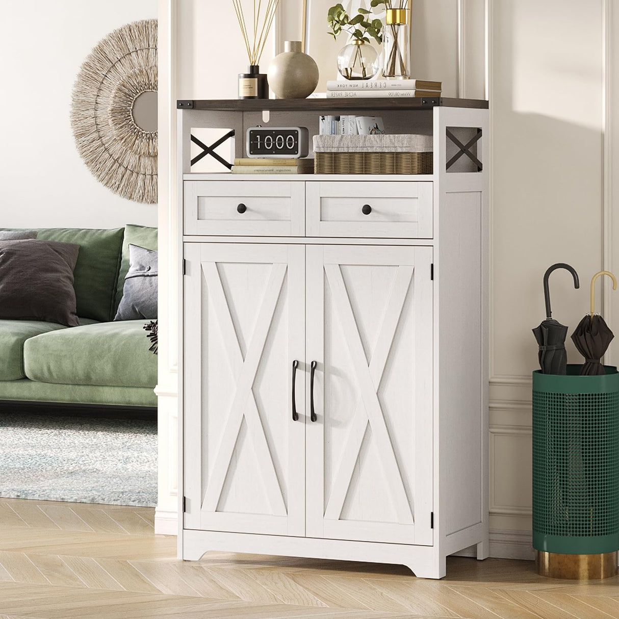 Maupvit 5-Tier Shoe Cabinet with Doors & 2 Drawers, Farmhouse Storage Cabinet with Adjustable Shelves, Wooden Freestanding Shoe Rack Organizer Cabinet for Entryway, Foyer, Hallway, Living Room, White Maupvit