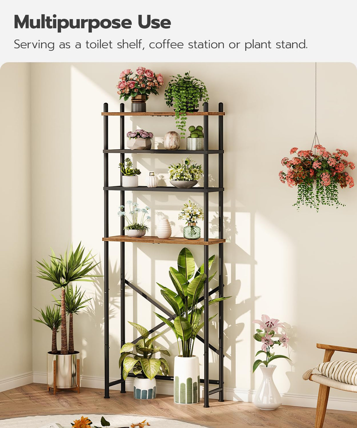 HOOBRO Over The Toilet Storage, 4-Tier Over Toilet Bathroom Organizer, Freestanding Above Toilet Shelf with Adjustable Feet, Space Saving, Easy to Assemble, Rustic Brown and Black BF64TS01 HOOBRO