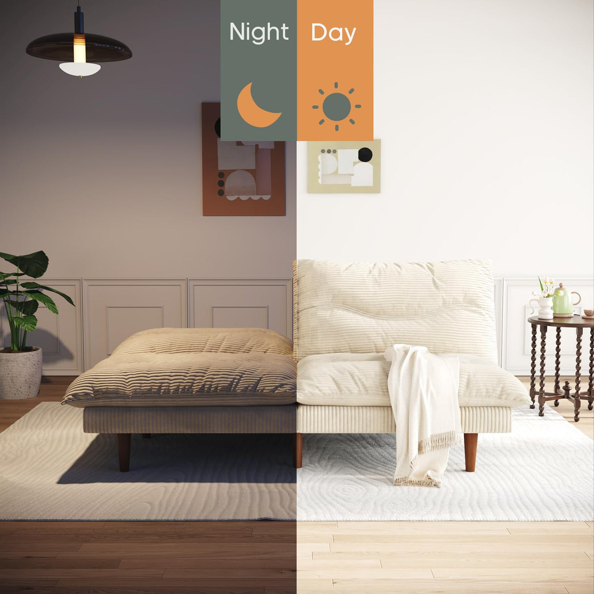 DreamDashio Futon Sofa Bed, 69 inch Futon Couch with Adjustable Backrest, Corduroy Convertible Sleeper Sofa Bed, Folding Sleeper Recliner for Apartment, Living Room, Office, Beige DreamDashio