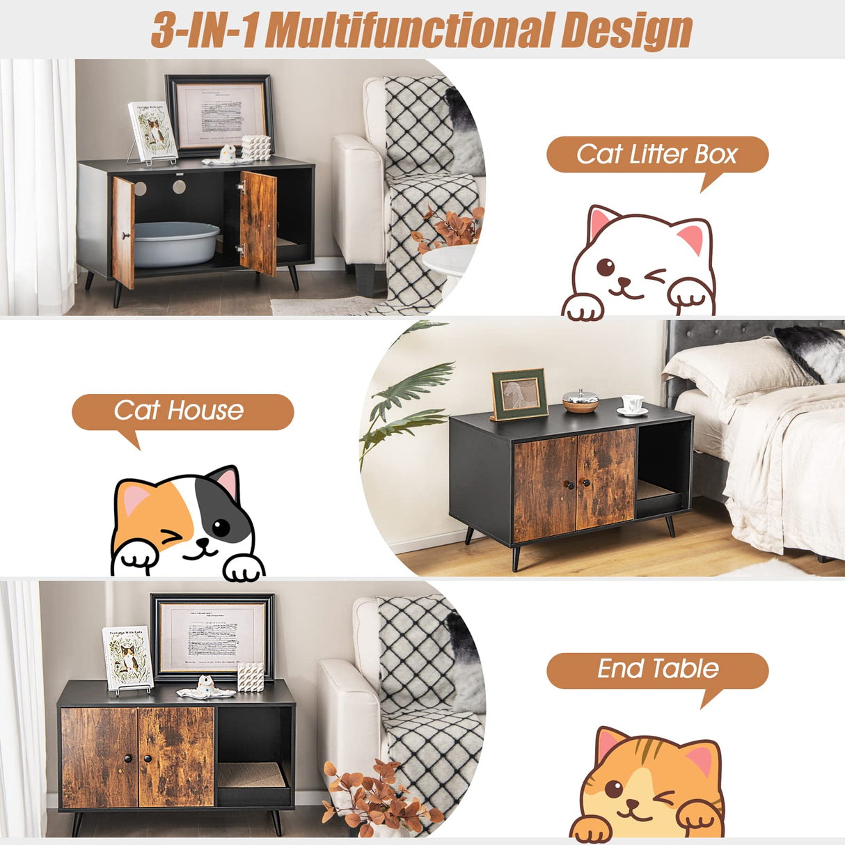 PETSITE Litter Box Enclosure, Wooden Hidden Litter Box Furniture with Cabinet & Scratching Pad, Stackable Cat Washroom Pet House End Table PETSITE