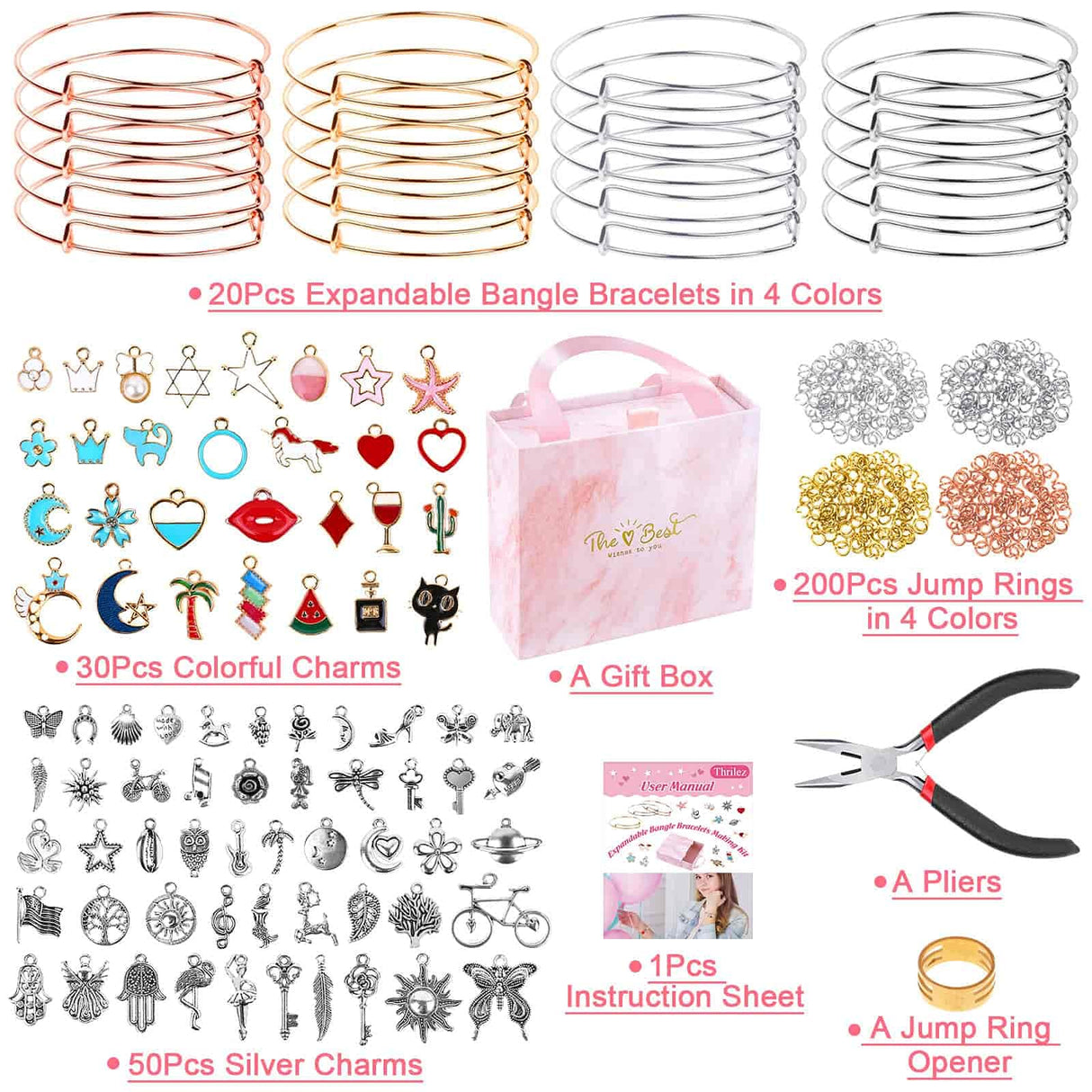 Thrilez 300Pcs Charm Bangle Bracelets Making Kit with Expandable Bangles, Charms, Jump Rings and Pliers for Jewelry Making Bangle Bracelets (with Gift Box and Tools) Thrilez